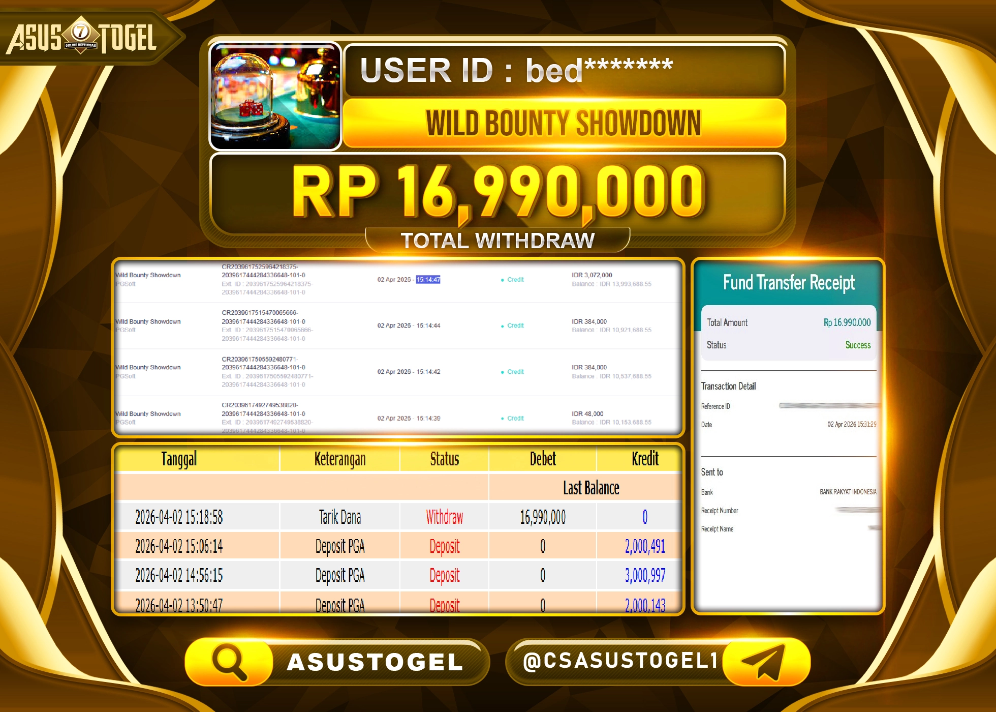 ASUSTOGEL KEMENANGAN JACKPOT DI PERMAINAN WILD BOUNTY SHOWDOWN Rp.16,990,000 - RUPIAH LUNAS