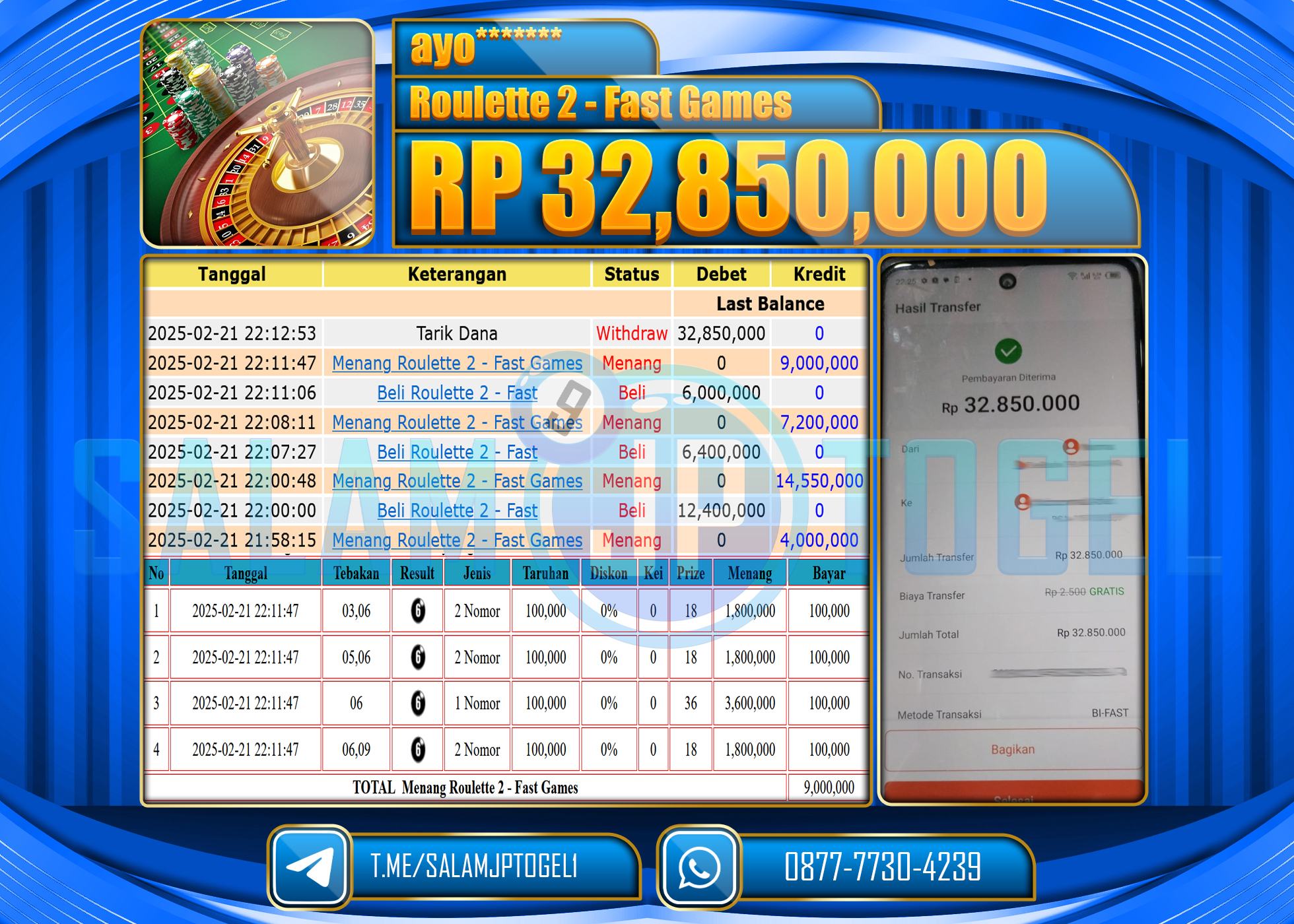 SALAMJPTOGEL MENANG ROULETTE 2 FAST GAMES Rp. 32,850,000  LUNAS