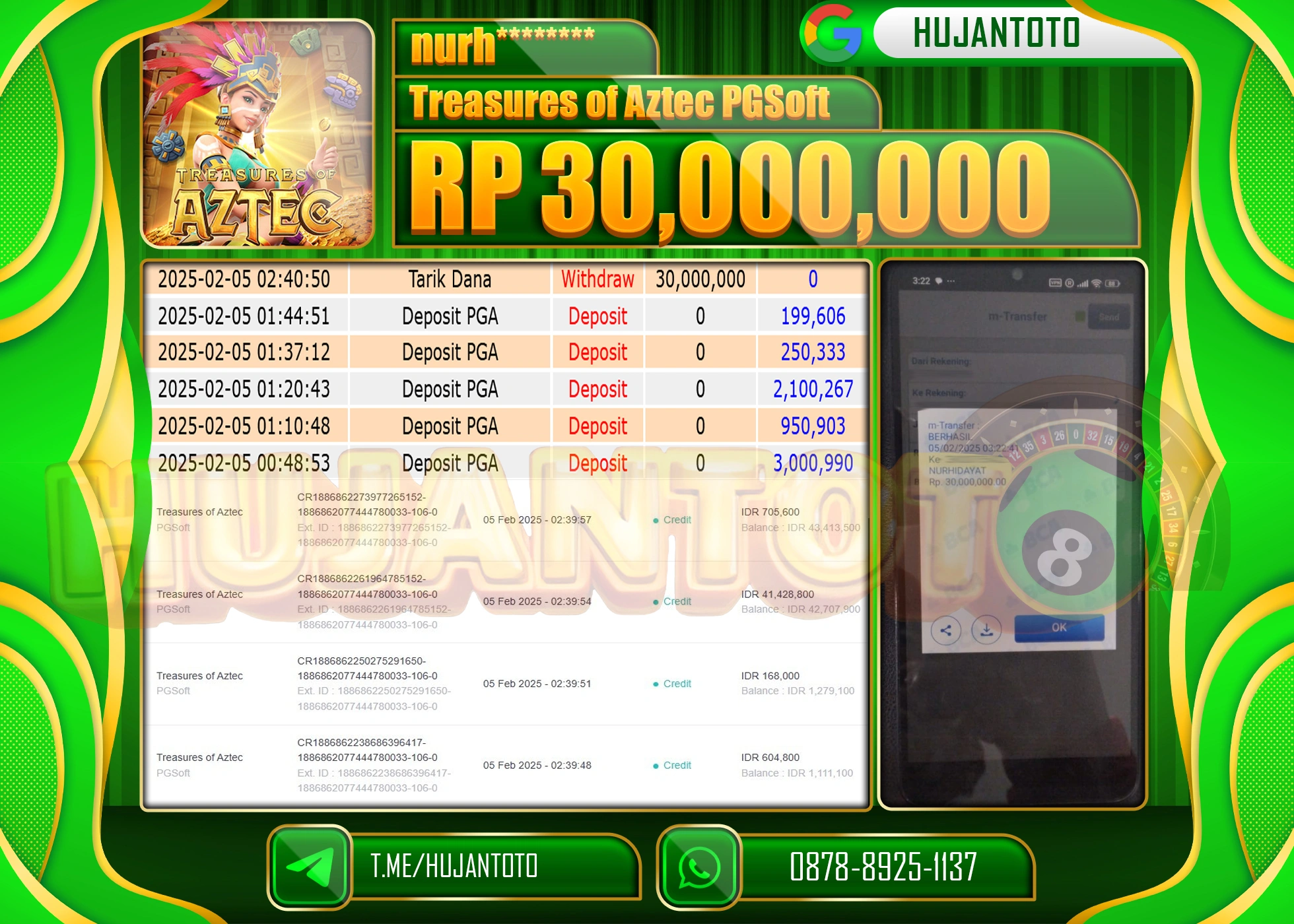 HUJANTOTO - BUKTI JACKPOT MENANG SLOT TREASURE OF AZTEC Rp,30,000,000 - TERBAYAR LUNAS