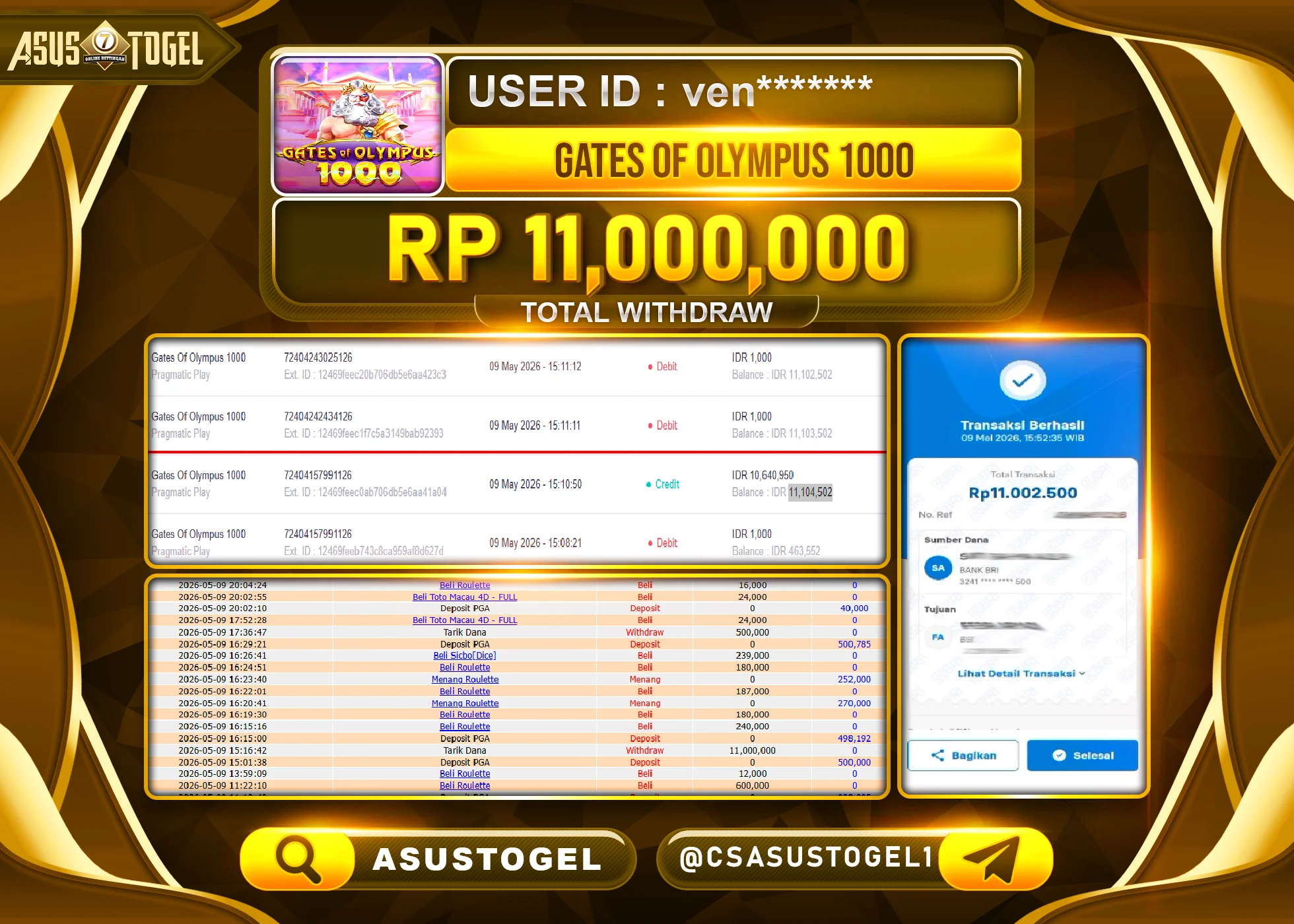 ASUSTOGEL KEMENANGAN JACKPOT DI PERMAINAN GATE OF OLYMPUS 1000 SEBESAR Rp.11,000,000 - RUPIAH LUNAS
