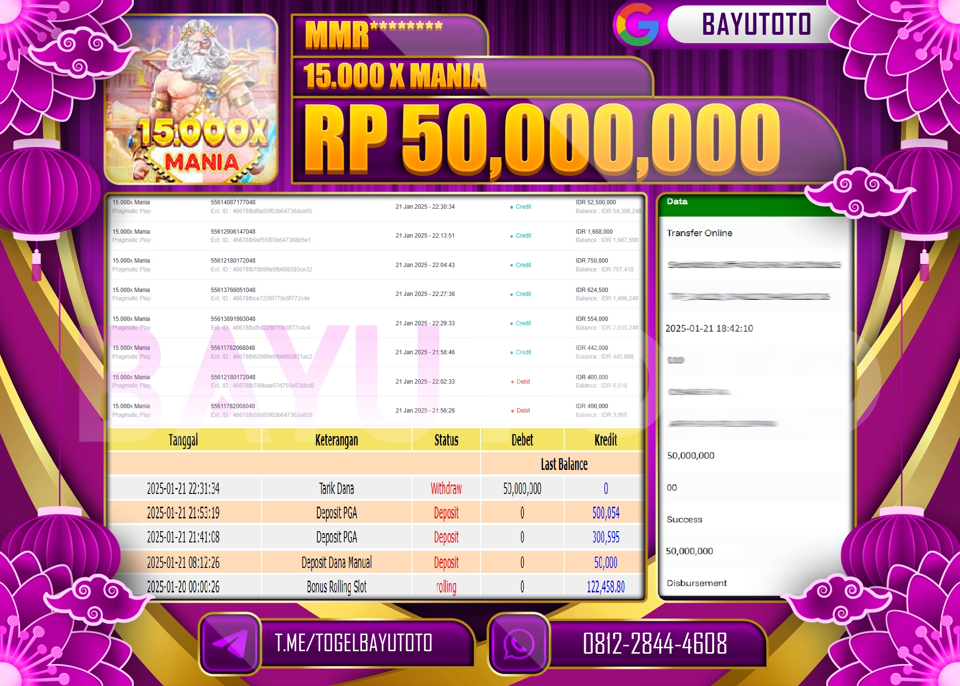 BAYUTOTO JACKPOT  DI  SLOT 15.000x Mania  PRAGMATIC PLAY Rp.50.000.000 LUNAS