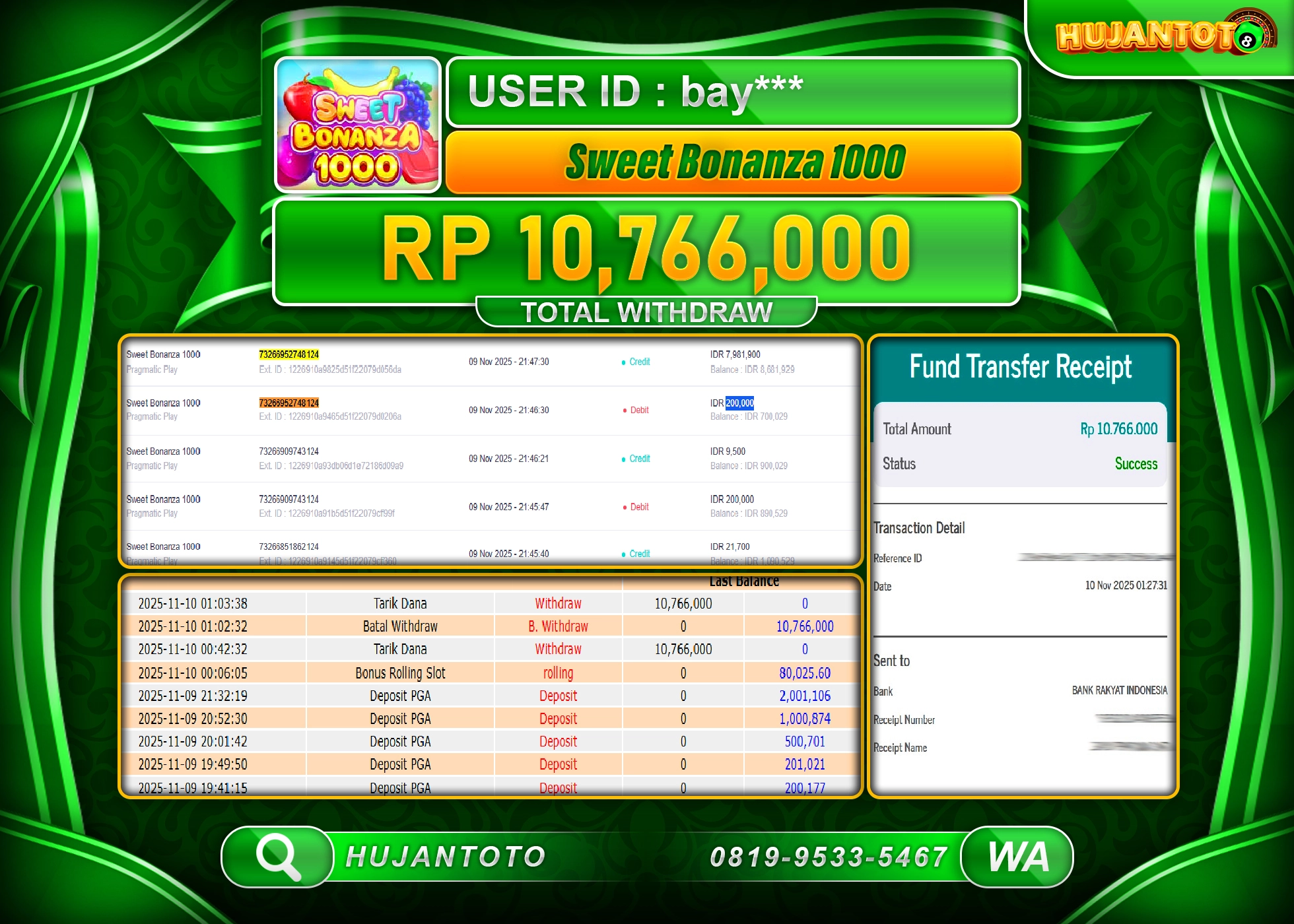 HUJANTOTO - BUKTI JACKPOT MENANG SLOT SWEET BONANZA 1000 Rp.10,766,000 - TERBAYAR LUNAS