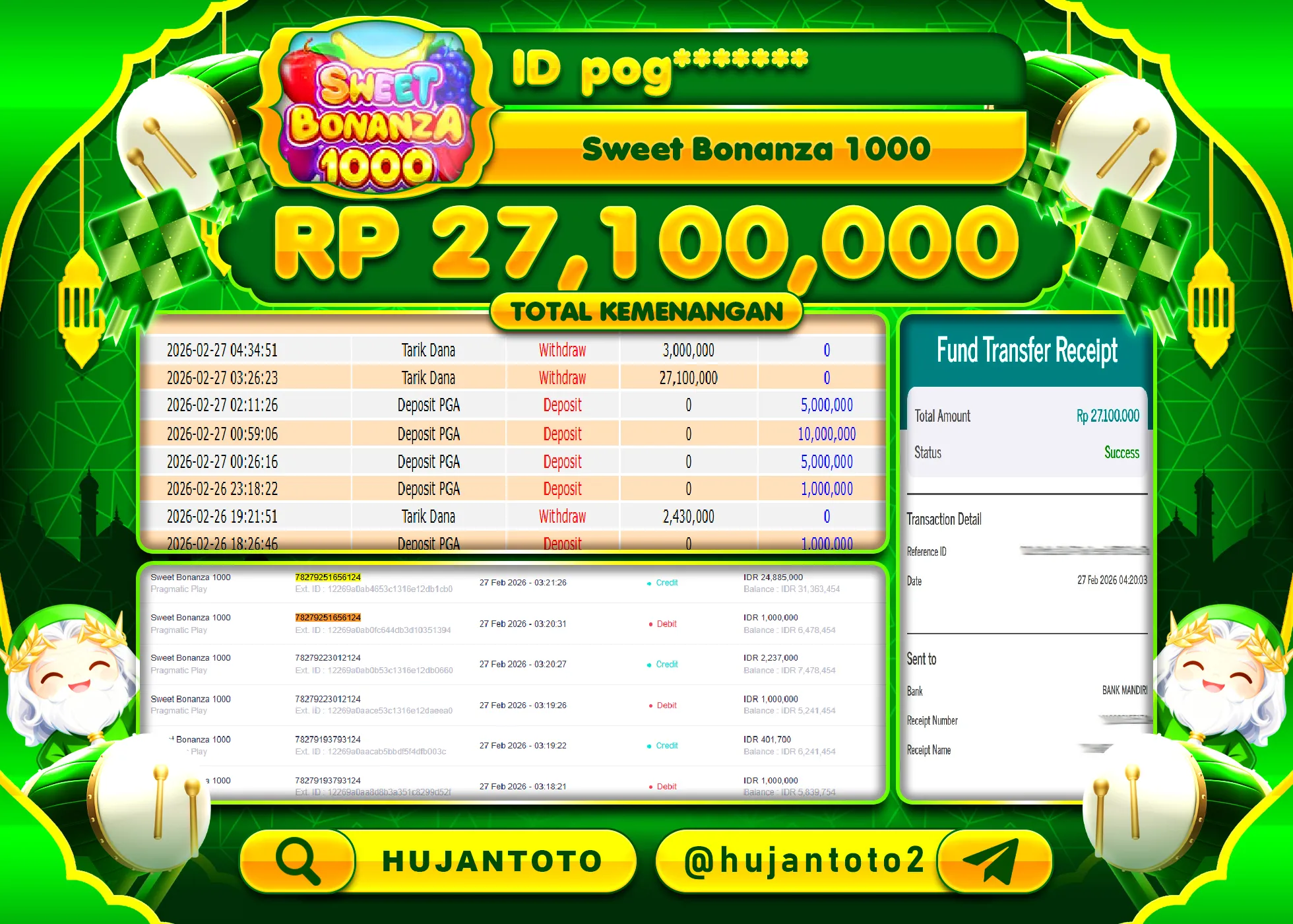 HUJANTOTO - BUKTI JACKPOT MENANG SLOT SWEET BONANZA 1000 Rp.27,100,000 - TERBAYAR LUNAS