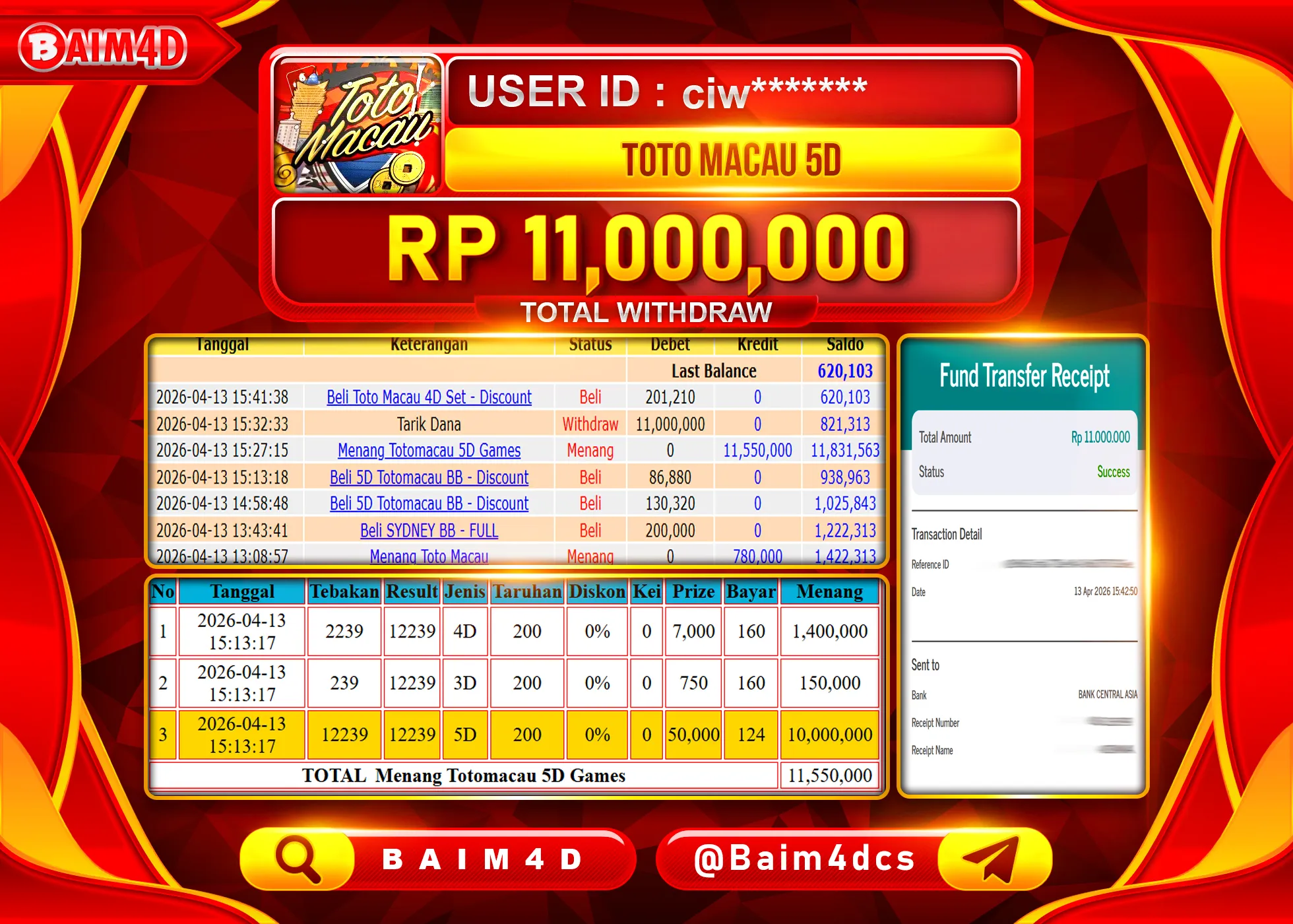 BAIM4D JACKPOT TOTO MACAU 5D Rp.11,000,000 - LUNAS