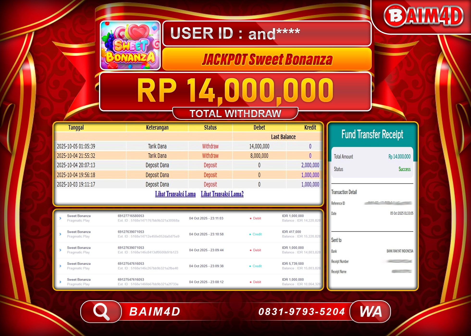 BAIM4D JACKPOT SLOT SWEET BONANZA Rp.14,000,0000.- LUNAS