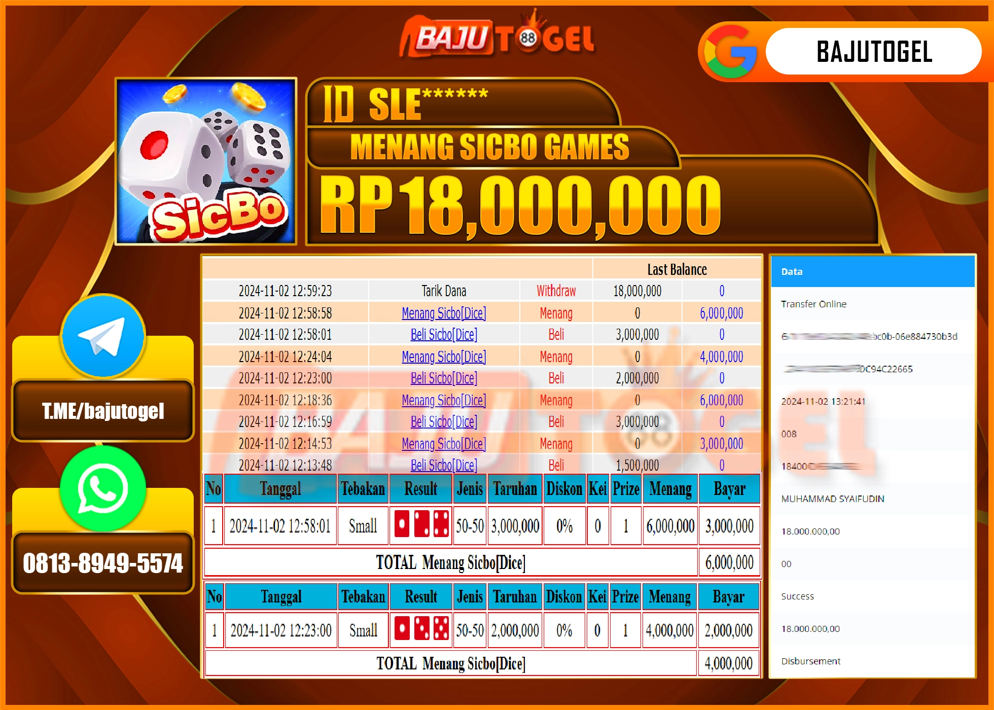 BAJUTOGEL JACKPOT LIVE CASINO SICBO GAMES Rp.18.000.000 LUNAS