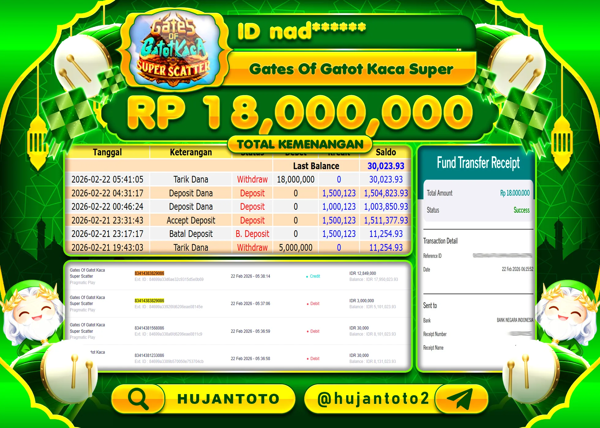 HUJANTOTO - BUKTI JACKPOT MENANG SLOT GATES OF GATOT KACA SUPER Rp.18,000,000 - TERBAYAR LUNAS