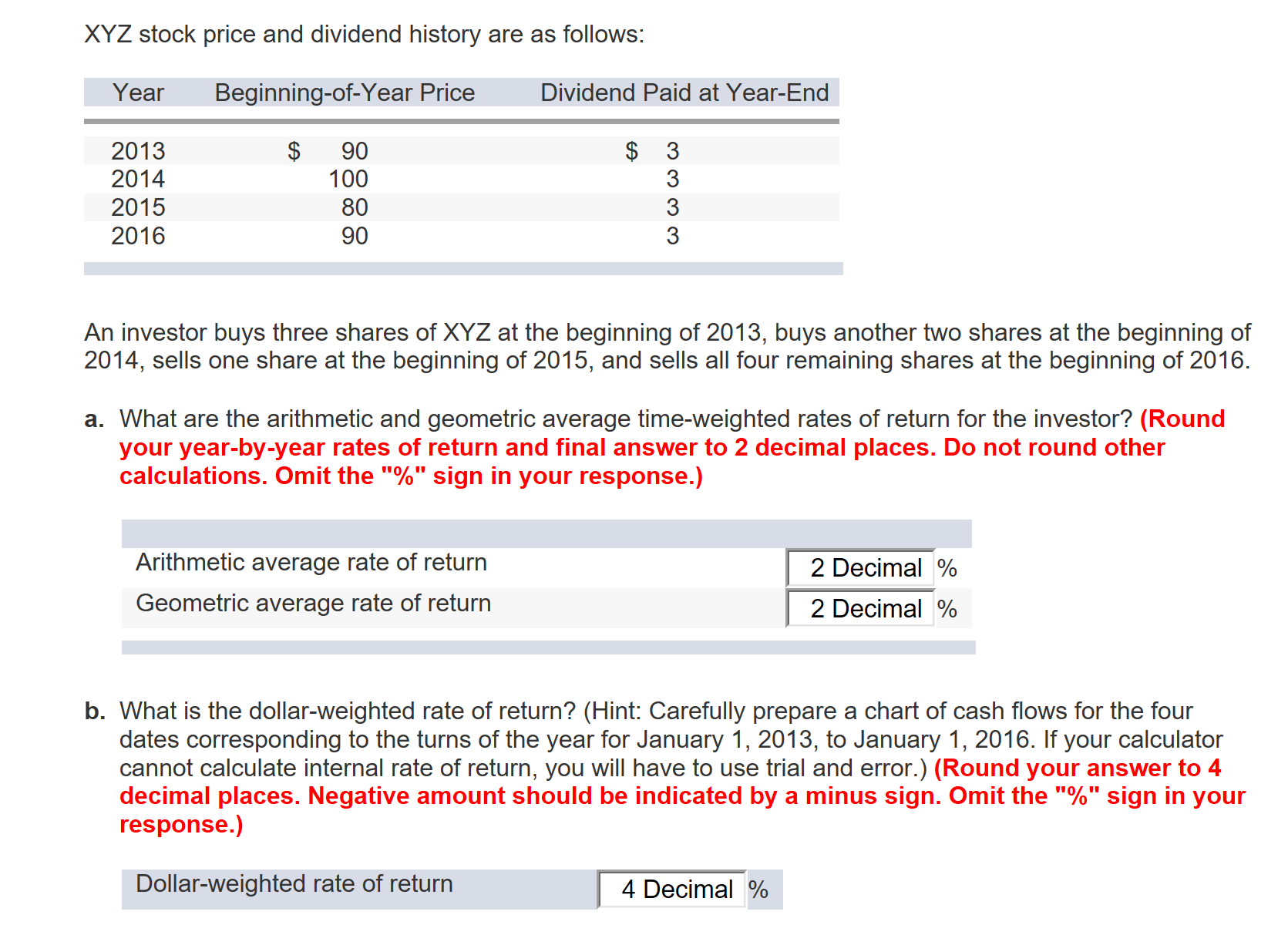 Solved XYZ Stock Price And Dividend History Are As Follows: | Chegg.com