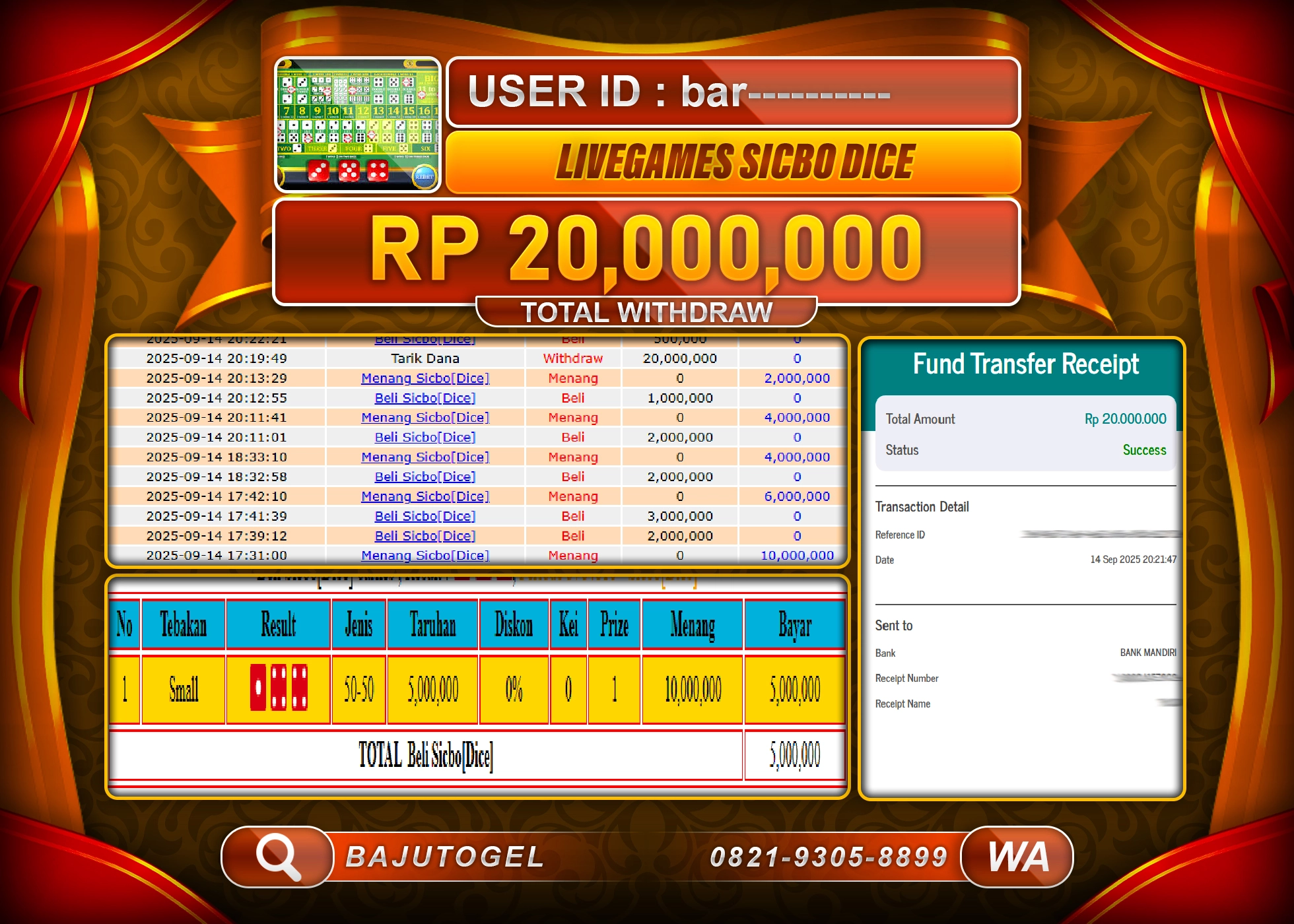 BAJUTOGEL KEMENANGAN LIVEGAMES SICBO DICE Rp.20.000.000 LUNAS