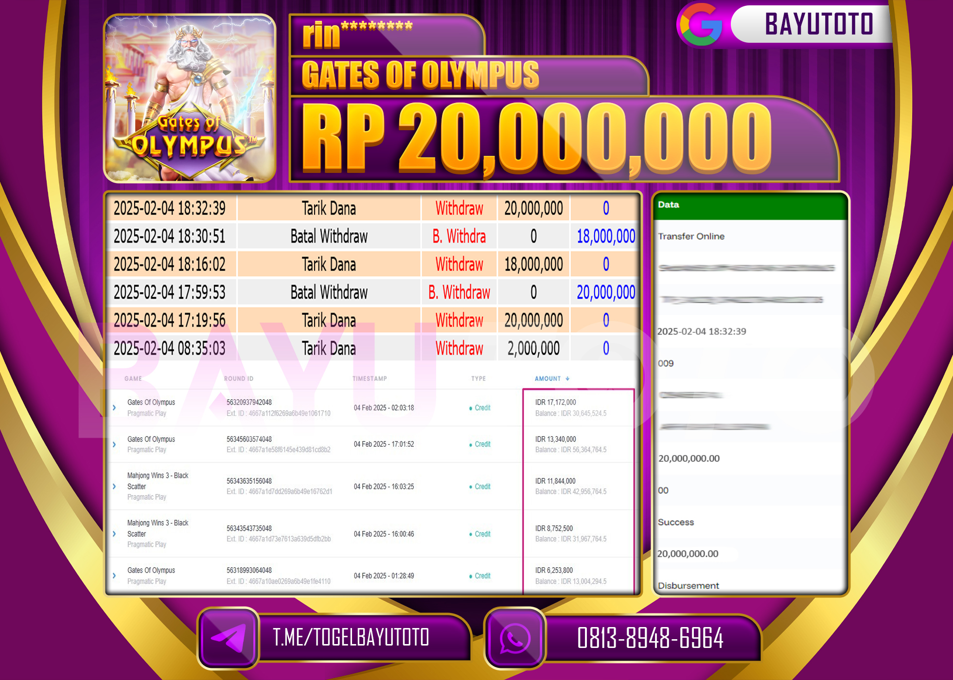 BAYUTOTO JACKPOT DI GAME SLOT GATES OF OLYMPUS  Rp.20.000.000 LUNAS