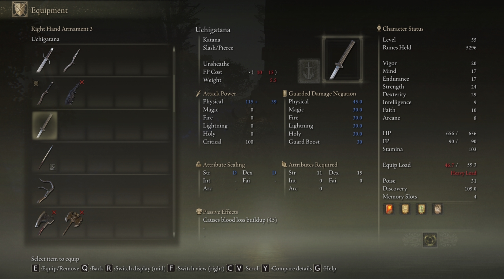 The Uchigatana Katana's stats in Elden Ring