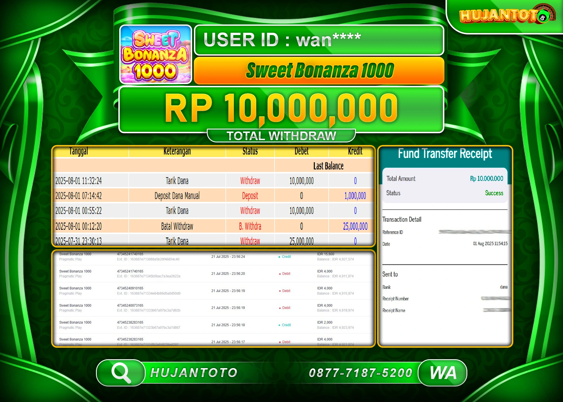 HUJANTOTO - BUKTI JACKPOT MENANG SLOT SWEET BONANZA 1000 Rp.10,000,000 - TERBAYAR LUNAS