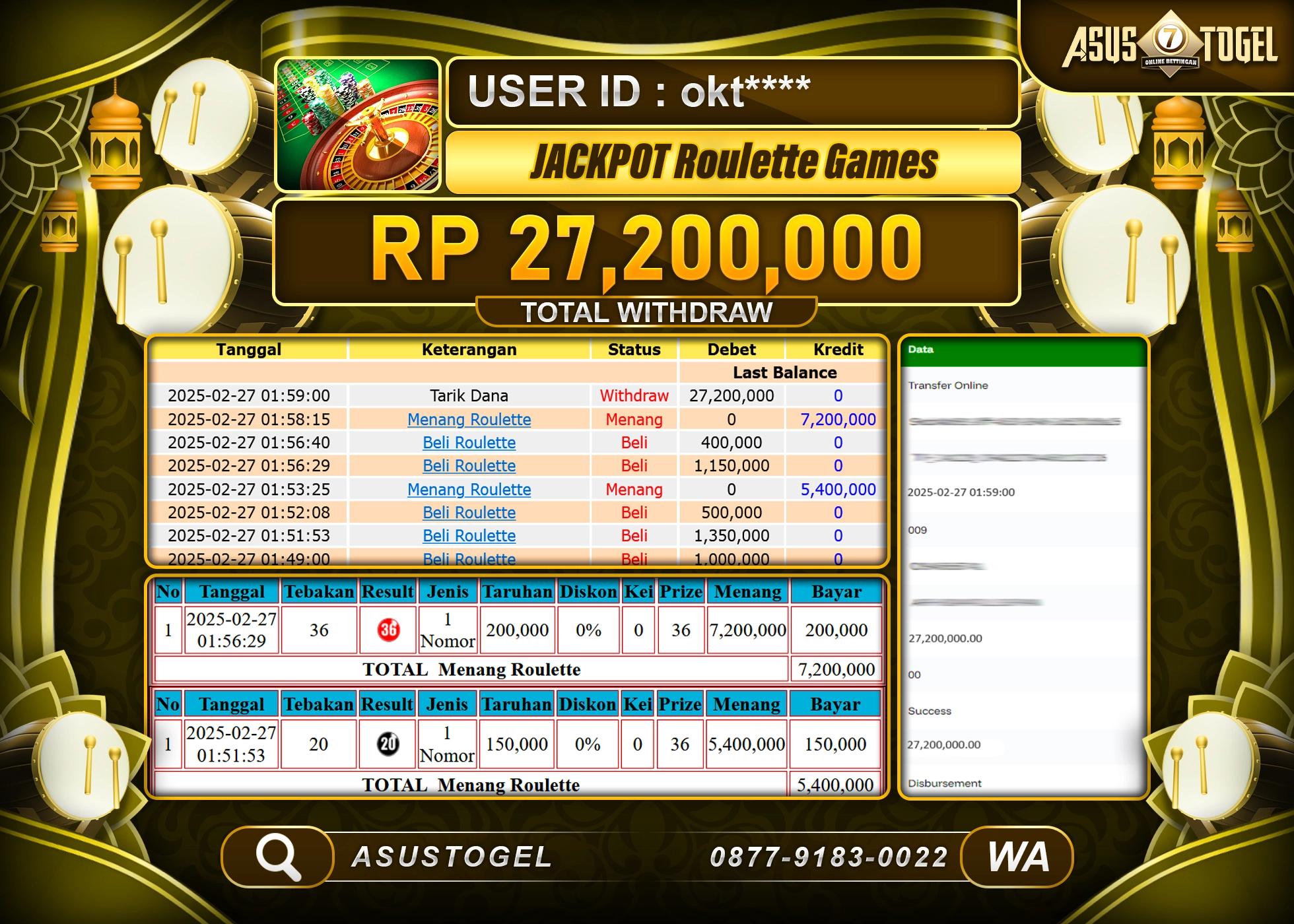 ASUSTOGEL KEMENANGAN DI LIVE GAMES ROULETTE  GAMES SEBESAR 27,200,000- RUPIAH LUNAS