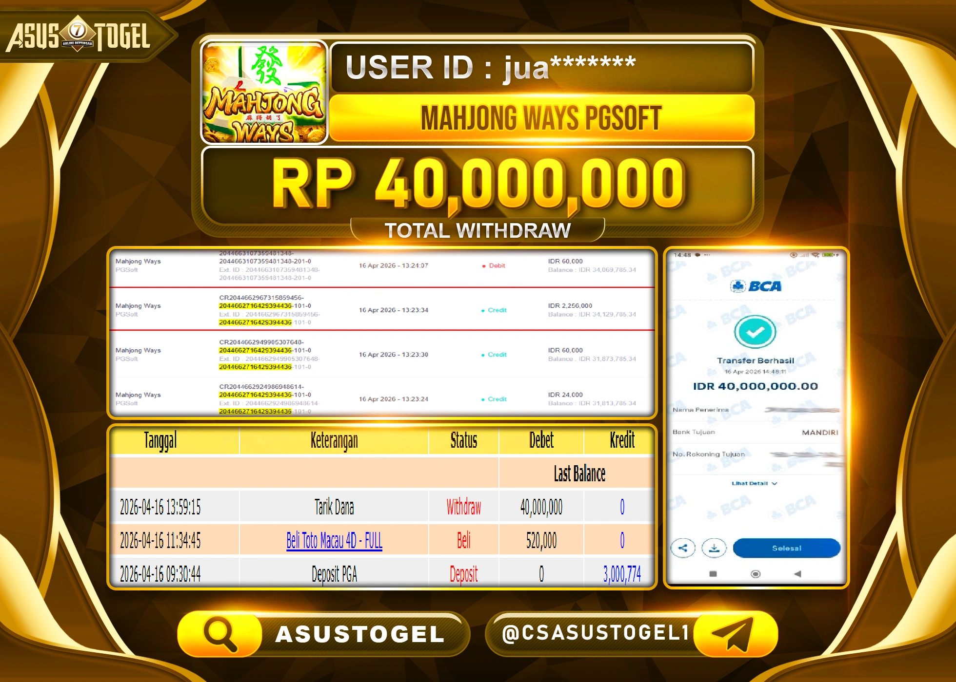 ASUSTOGEL KEMENANGAN JACKPOT DI PERMAINAN MAHJONG WAYS PG SOFT SEBESAR Rp.40,000,000 - RUPIAH LUNAS
