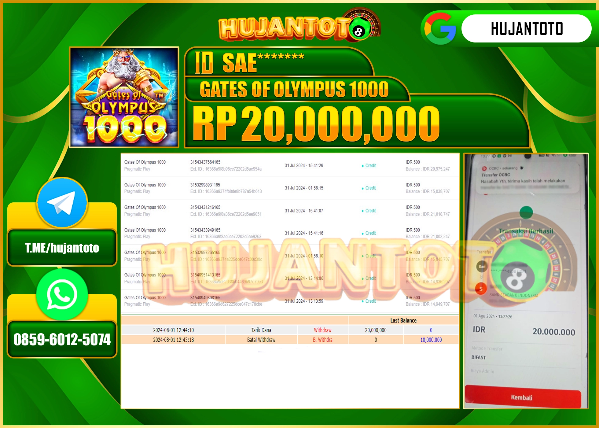 HUJANTOTO MENANG BESAR DI PERMAINAN SLOT GATES OF OLYMPUS 1000 20.000.000 - LUNAS 