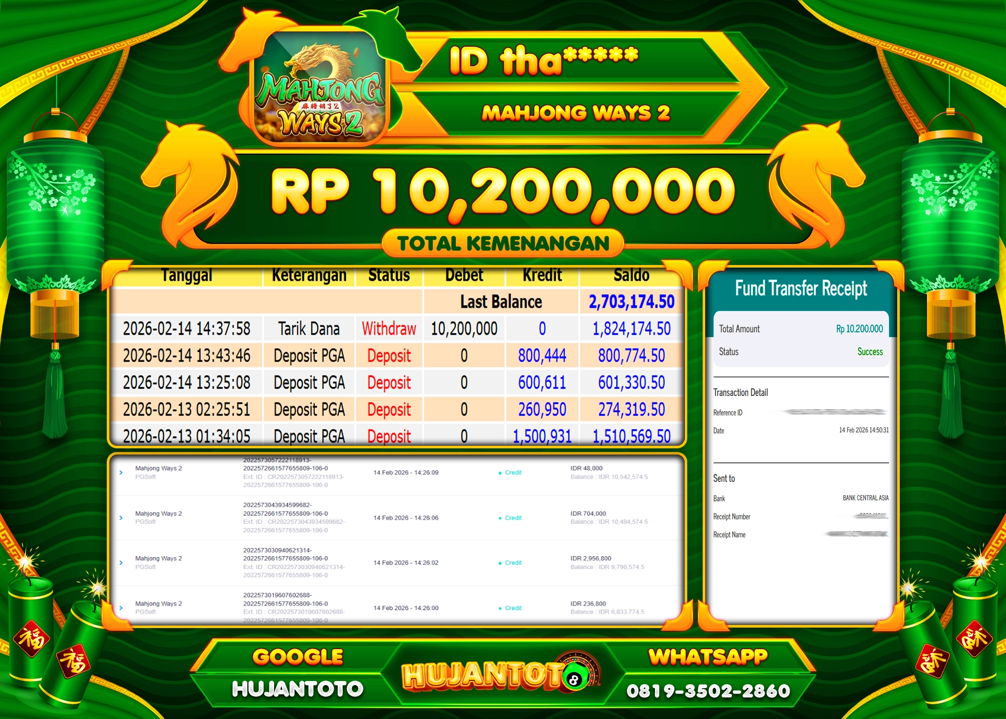 HUJANTOTO - BUKTI JACKPOT MENANG SLOT MAHJONG WAYS 2 PG SOFT Rp.10,200,000 - TERBAYAR LUNAS