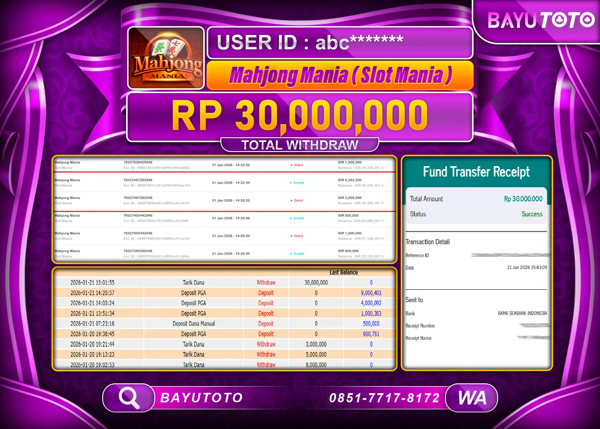SELAMAT KEPADA MEMBER BAYUTOTO JACKPOT DI SLOT MAHJONG MANIA  Rp. 30,000,000 LUNAS