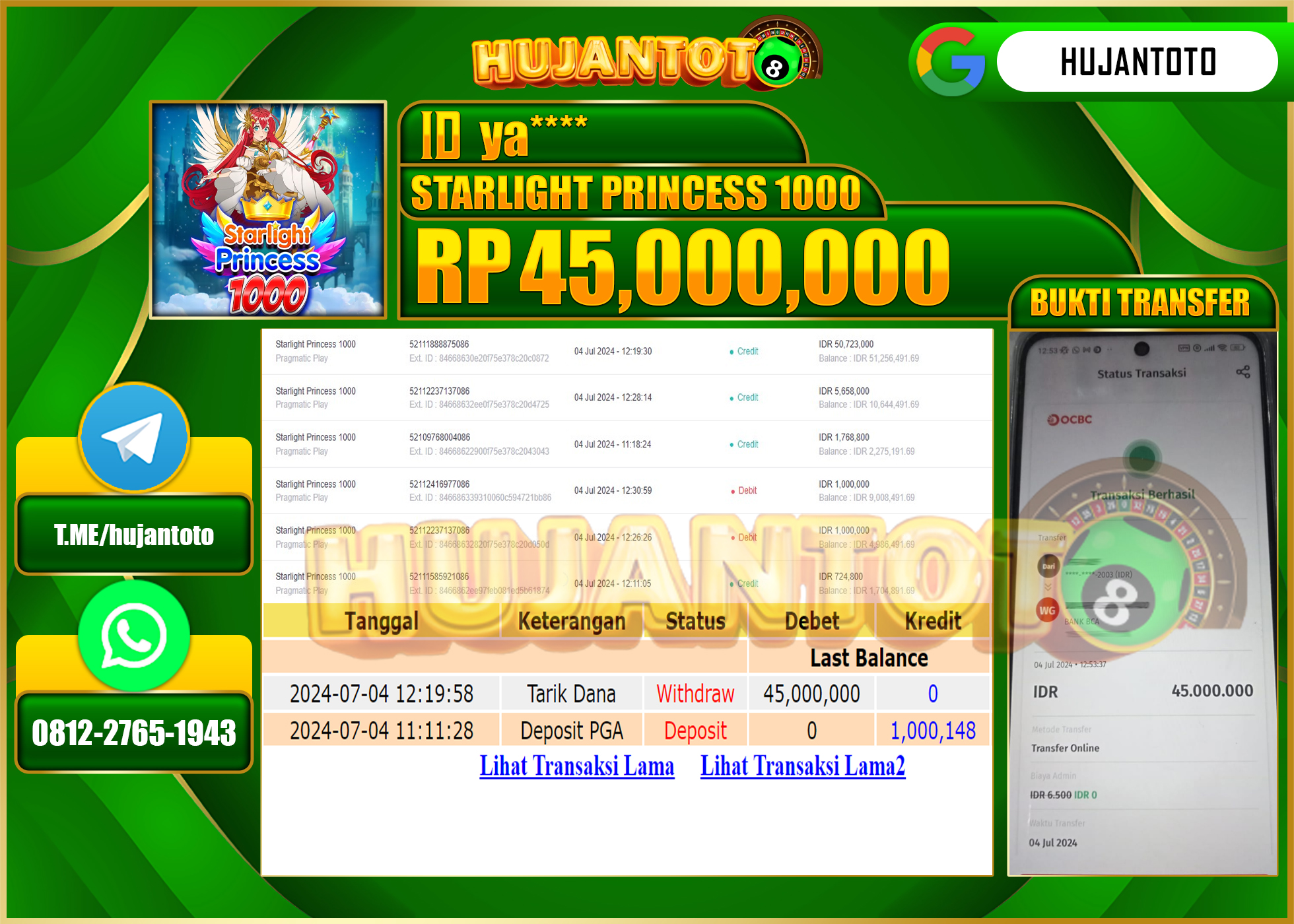HUJANTOTO MENANG SLOT STARLIGHT PRINCESS 1000 45.000.000 - LUNAS