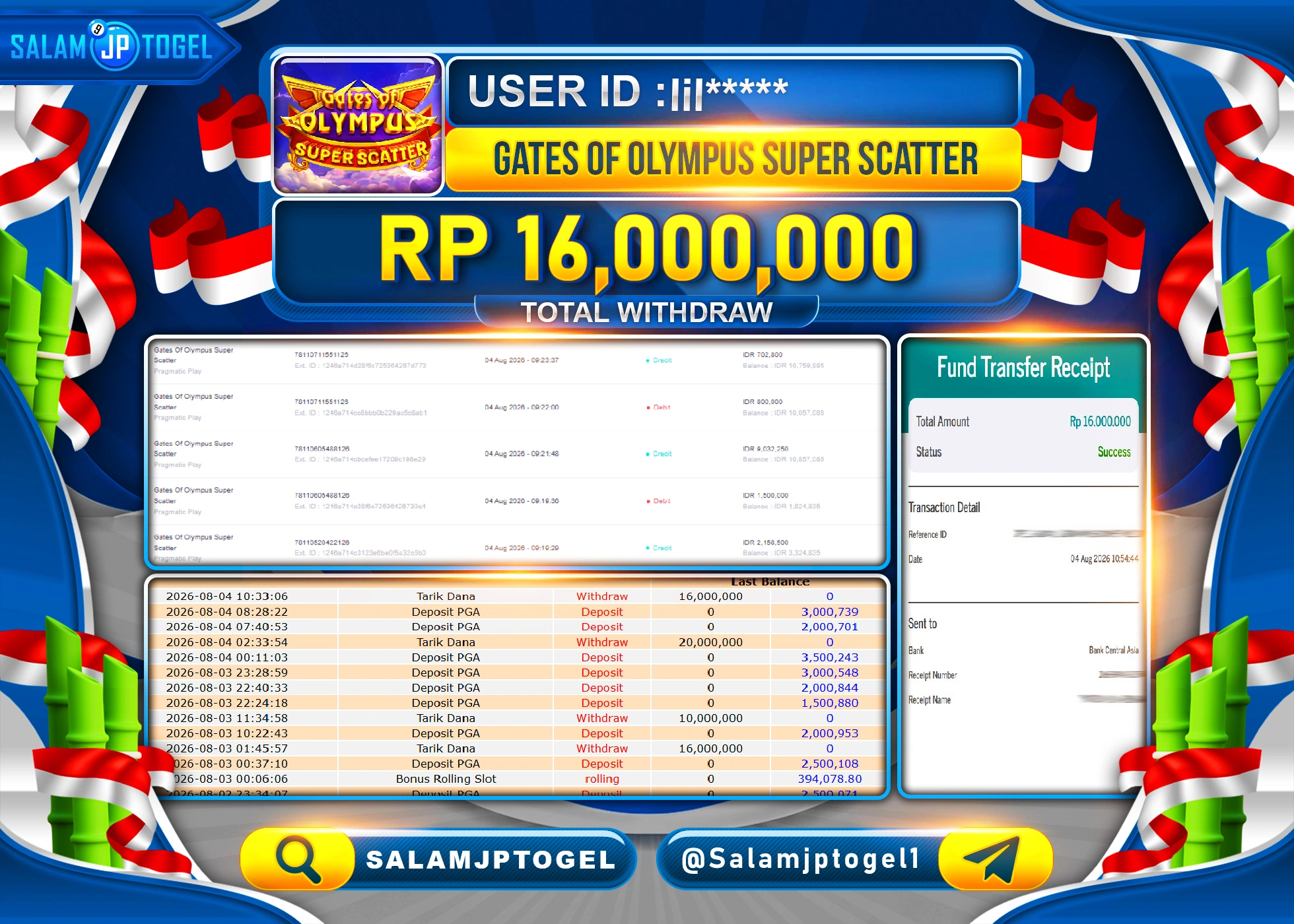 SALAMJPTOGEL JACKPOT MENANG SLOT GATES OF OLYMPUS SUPER SCATER Rp.16,000,000 - LUNAS