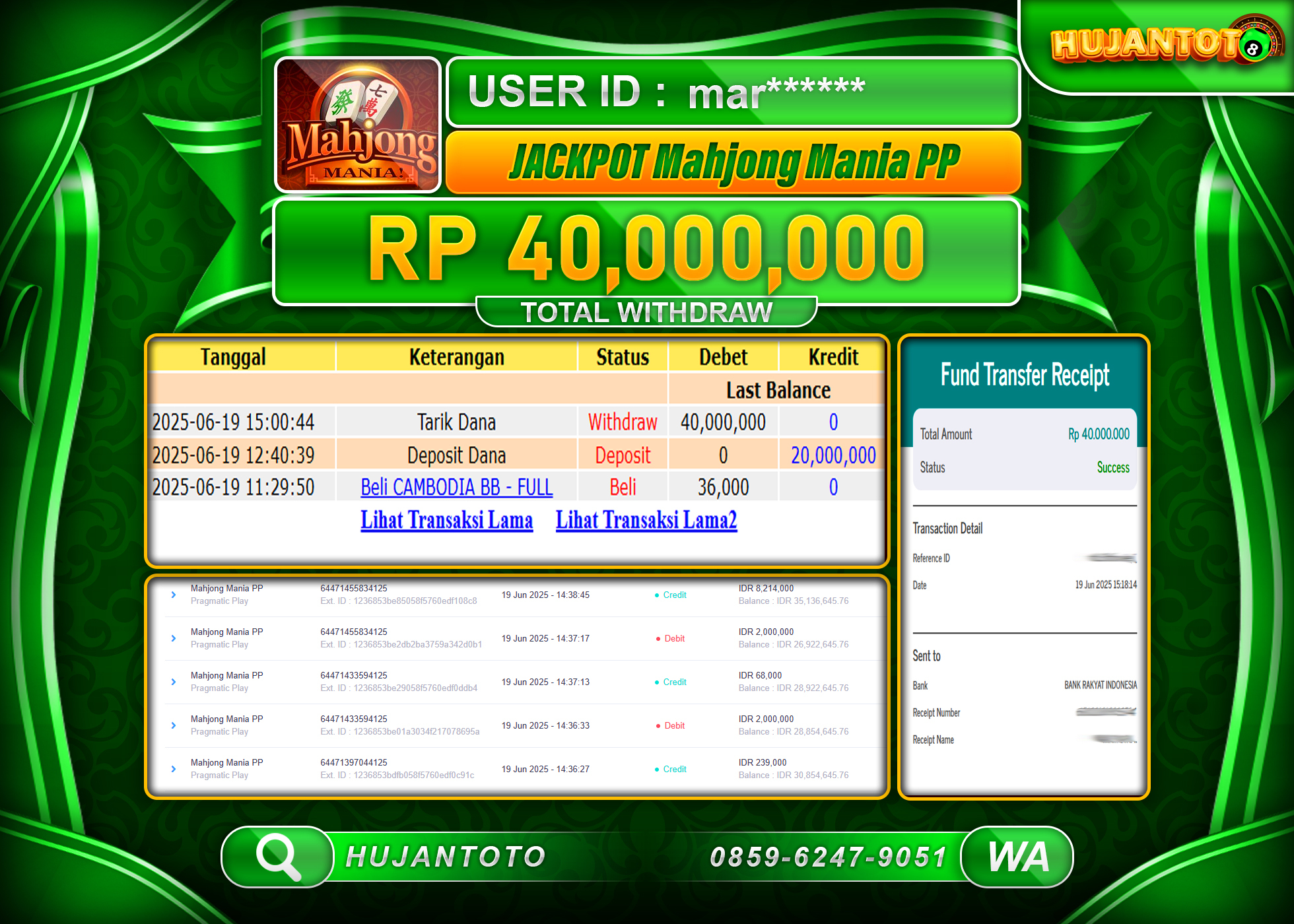 HUJANTOTO - BUKTI JACKPOT MENANG SLOT MAHJONG MANIA PP  Rp.40,000,000 - TERBAYAR LUNAS