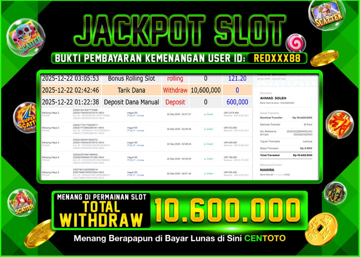 BUKTI JACKPOT SLOT CENTOTO  RP.10.600.000,-LUNAS