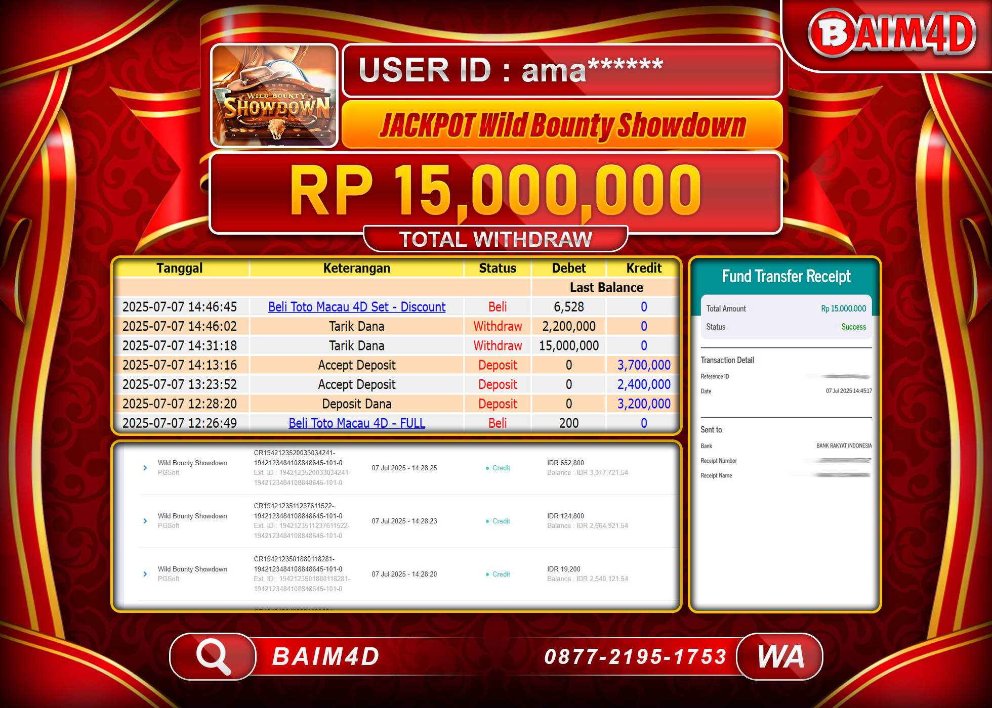 BAIM4D JACKPOT SLOT WILD BOUNTY SHOWDOWN - PG SOFT  Rp.15,000,000.- LUNAS