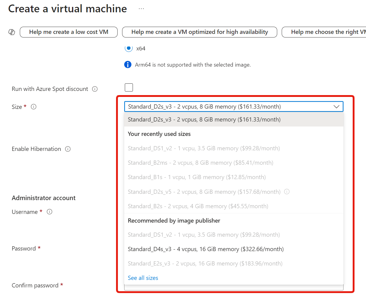 Create a virtual machine - Allowed SKUs