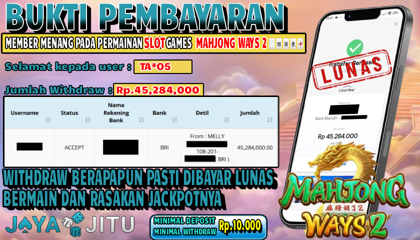 🏆 BUKTI KEMENANGAN SLOT MAHJONG WAYS 2 MEMBER  JAYAJITU🏆
