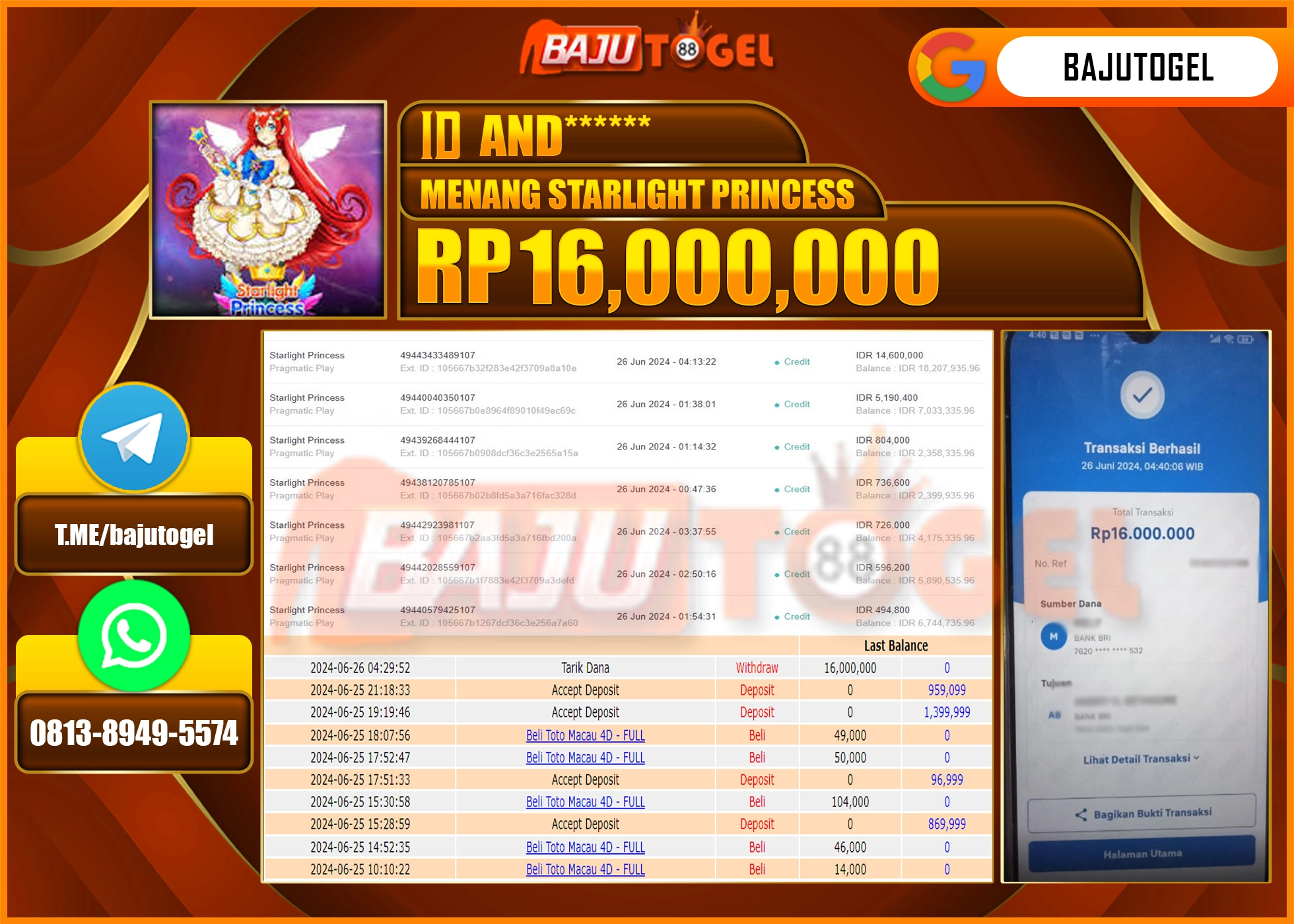 BAJUTOGEL JACKPOT SLOT STARLIGHT PRINCESS Rp.16.000.000 LUNAS
