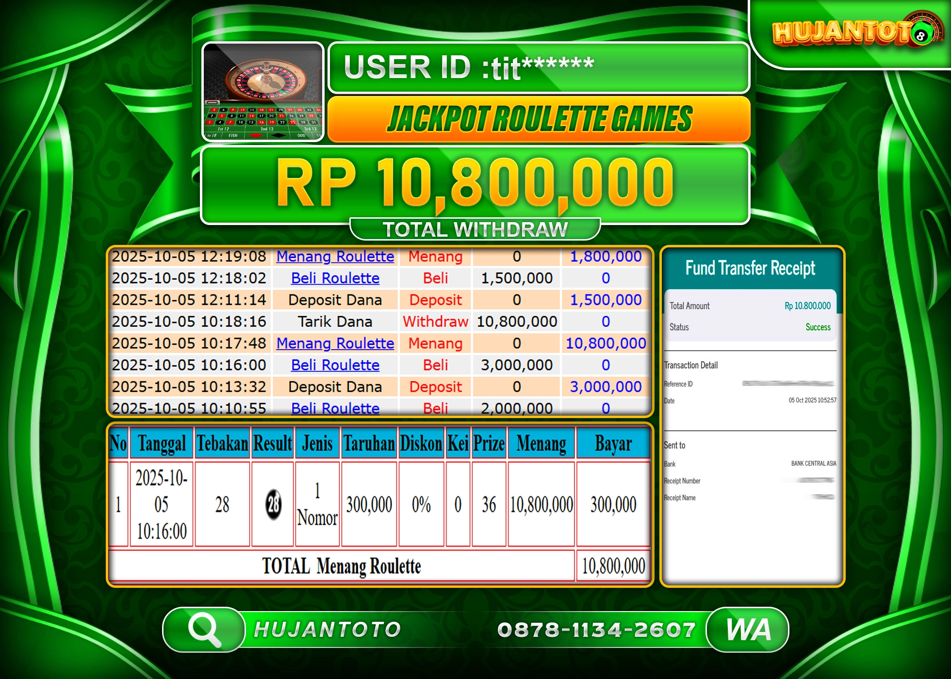 HUJANTOTO - BUKTI JACKPOT MENANG LIVEGAMES ROULETTE GAMES Rp.10,800,000 - TERBAYAR LUNAS