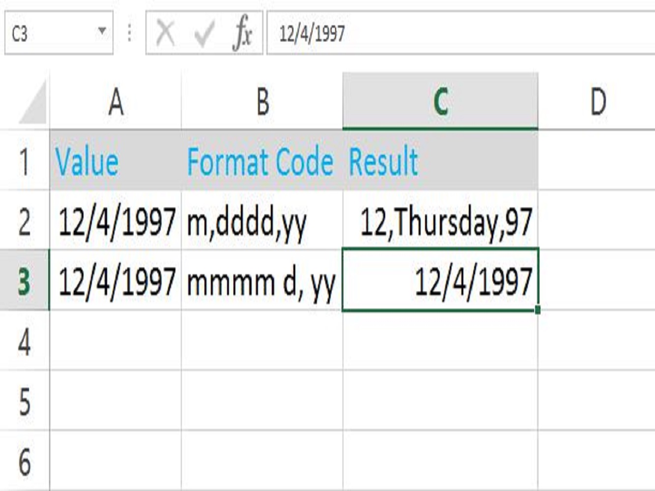 Screenshot of the excel date and time number format