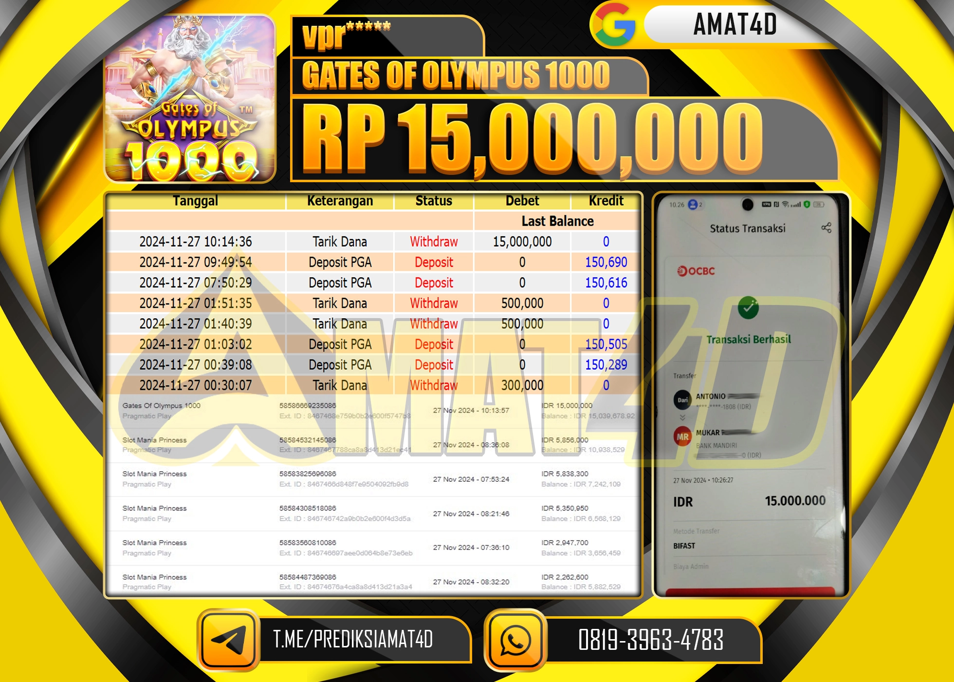  AMAT4D JACKPOT PRAMATIC PLAY GATES OF OLYMPUS 1000 Rp.15.000.000 BERHASIL DI BAYAR LUNAS