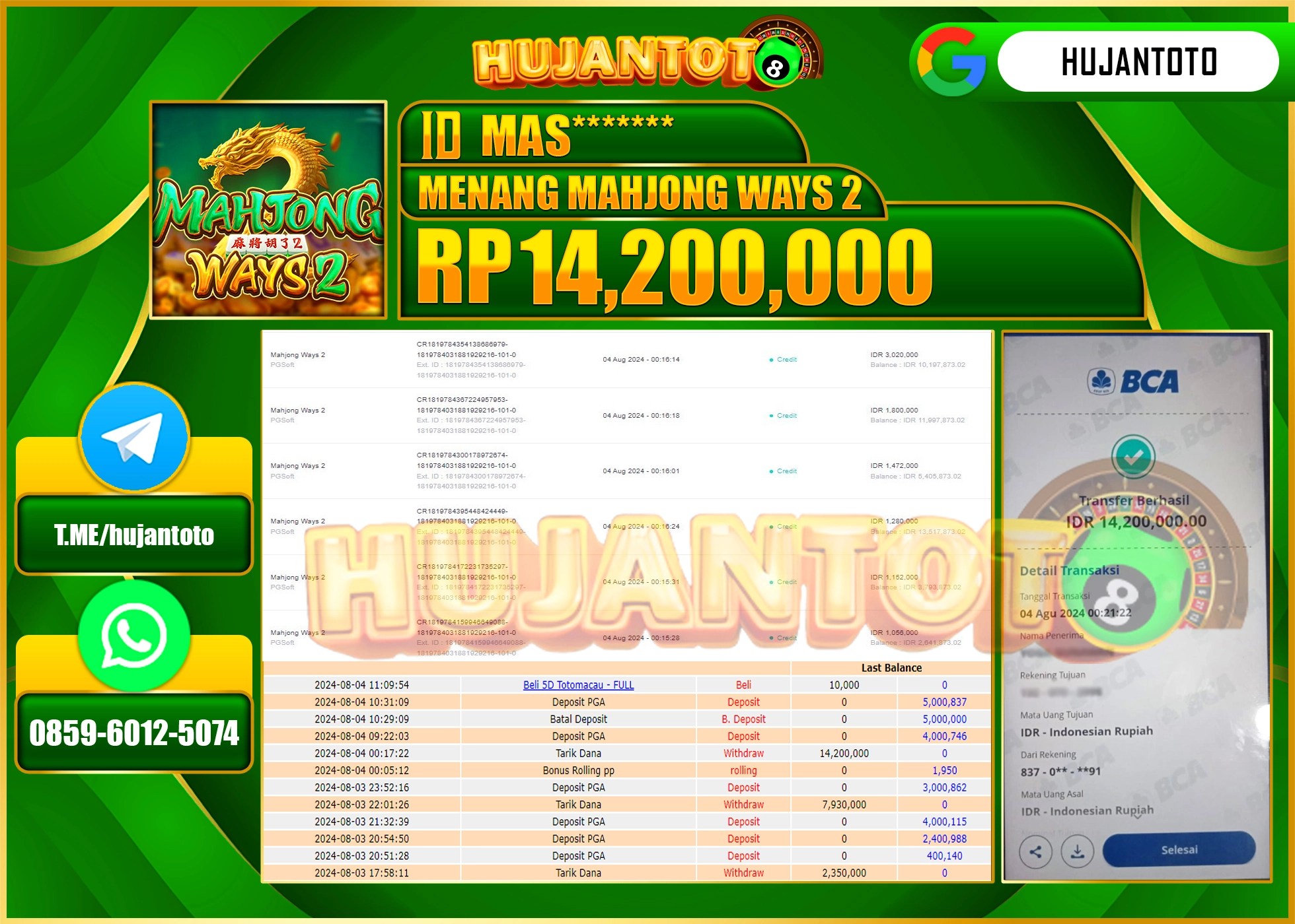 HUJANTOTO MENANG BESAR DI PERMAINAN SLOT MAHJONG WAYS 2 14.200.000 - LUNAS 