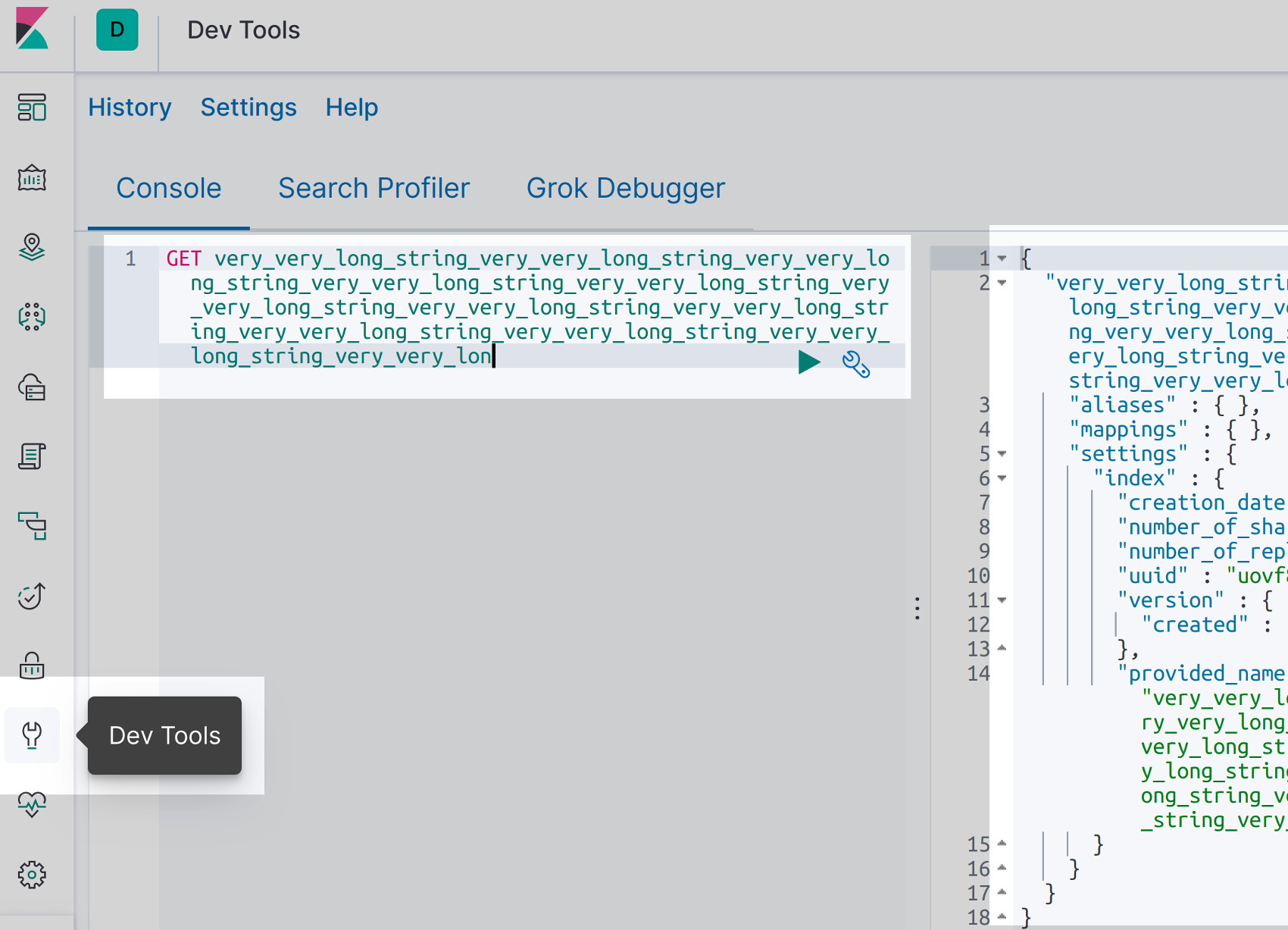 Screenshot of Kibana getting a long Elasticsearch index name created in a Python script