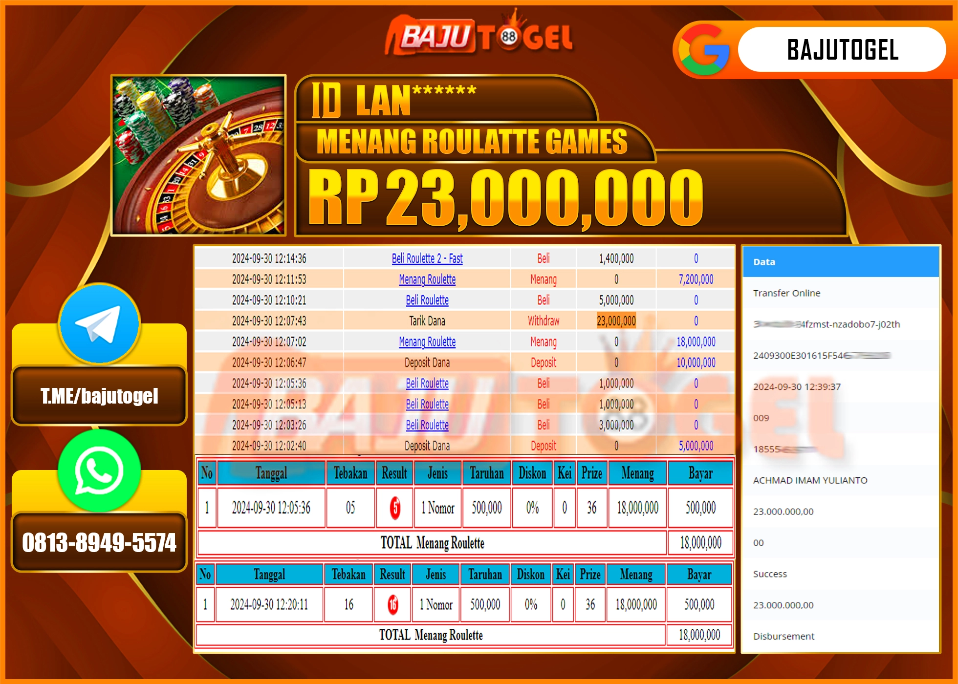 BAJUTOGEL JACKPOT ROULLETE GAMES Rp.23.000.000 LUNAS