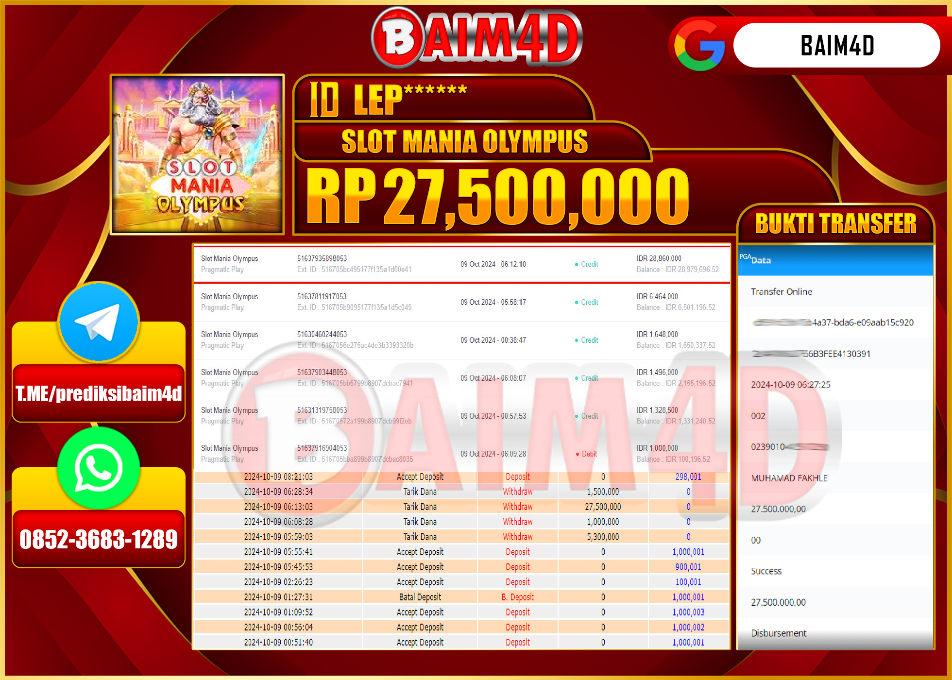 BAIM4D JACKPOT Slot Mania Olympus Rp.27,500,000.- LUNAS