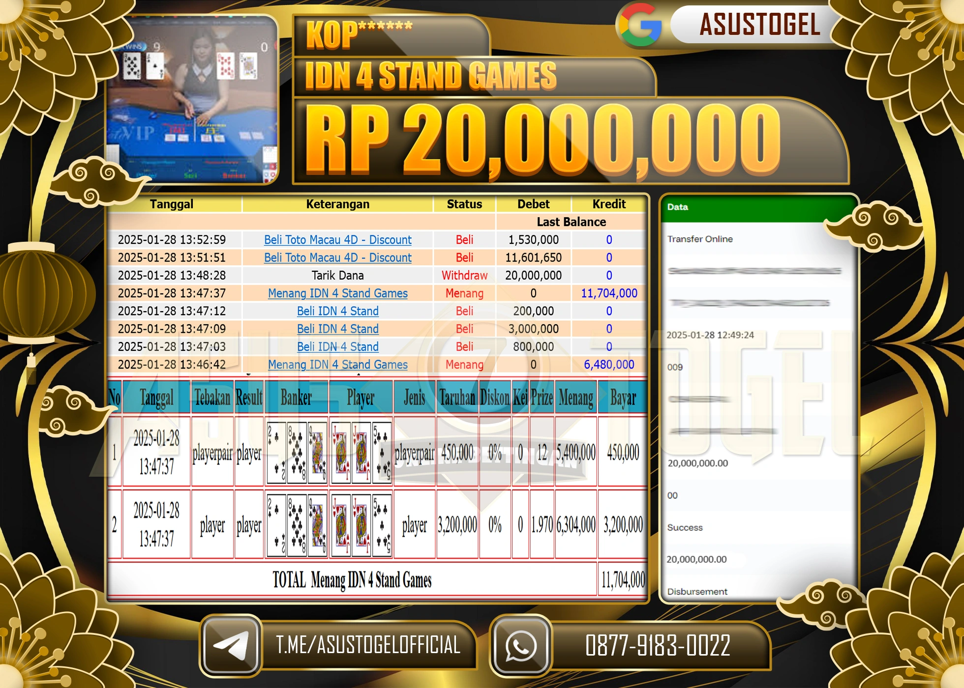 ASUSTOGEL KEMENANGAN DI IDN 4 STAND GAMES SEBESAR 20.000.000 - RUPIAH LUNAS