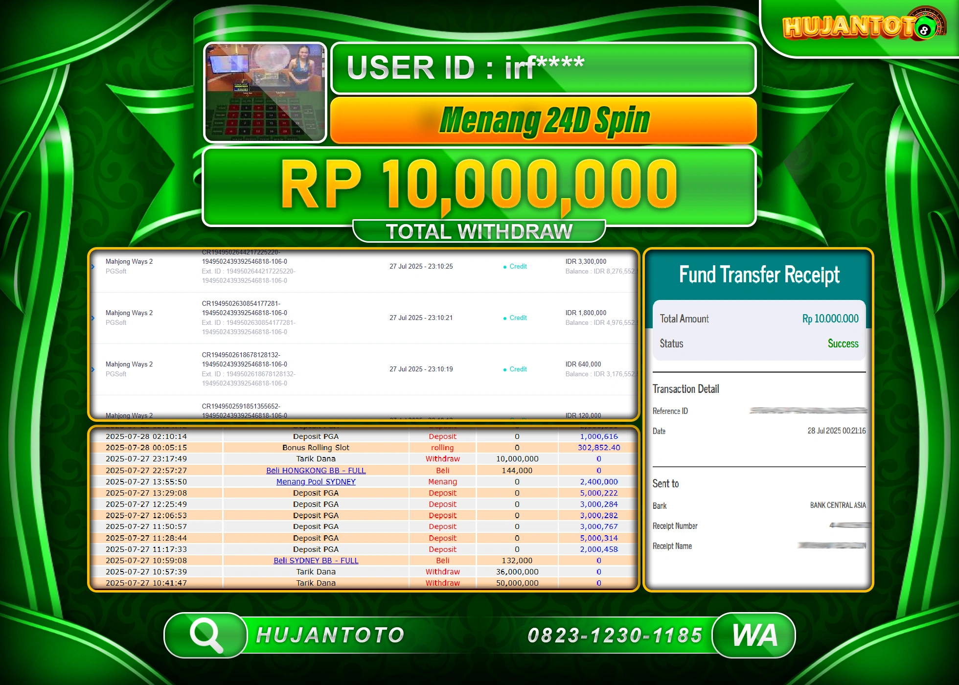 HUJANTOTO - BUKTI JACKPOT MENANG LIVE GAMES 24D SPIN Rp.10,000,000 - TERBAYAR LUNAS