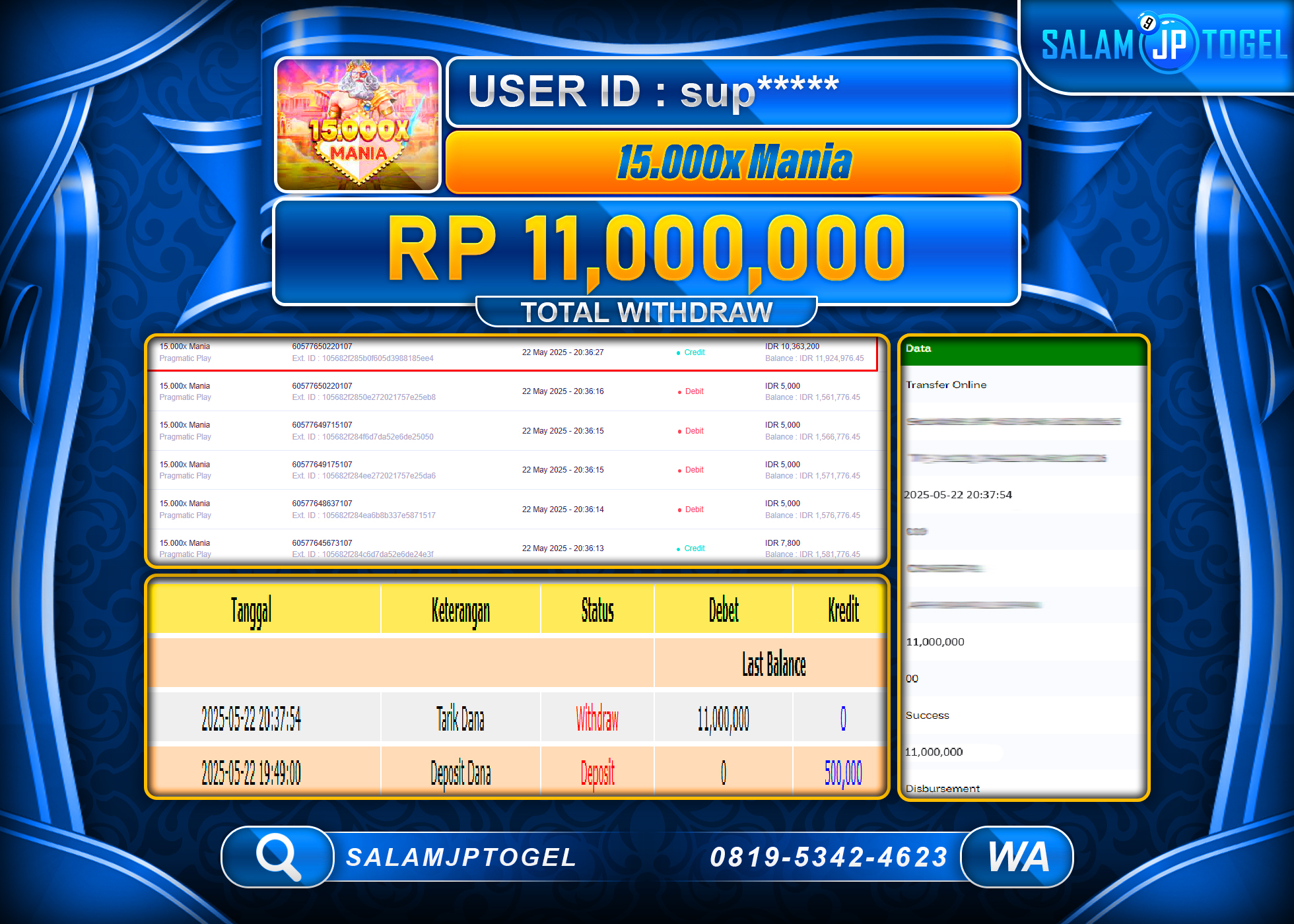 SALAMJPTOGEL MENANG 15.000X MANIA Rp.11,000,000 LUNAS