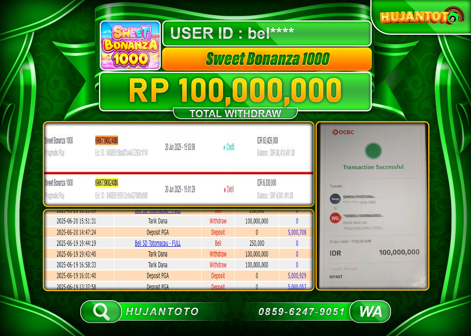 HUJANTOTO - BUKTI JACKPOT MENANG SLOT SWEET BONANZA 1000 Rp.100,000,000 - TERBAYAR LUNAS