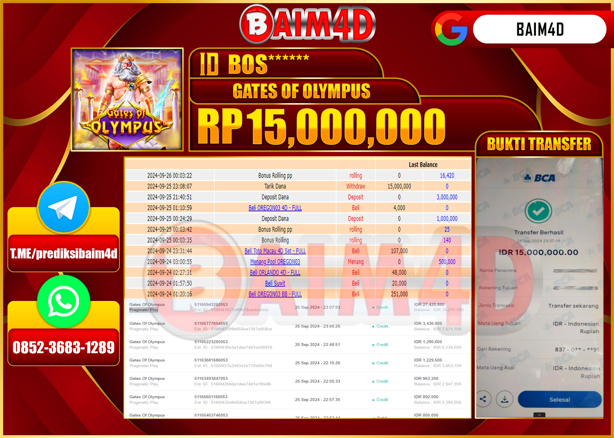 BAIM4D JACKPOT  GATES OF OLYMPUS Rp.15.000,000.- LUNAS