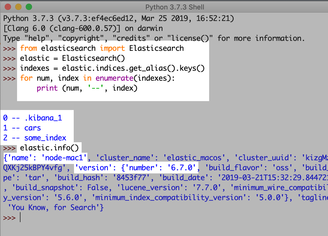 Screenshot of Python's IDLE getting the indices in an Elasticsearch cluster