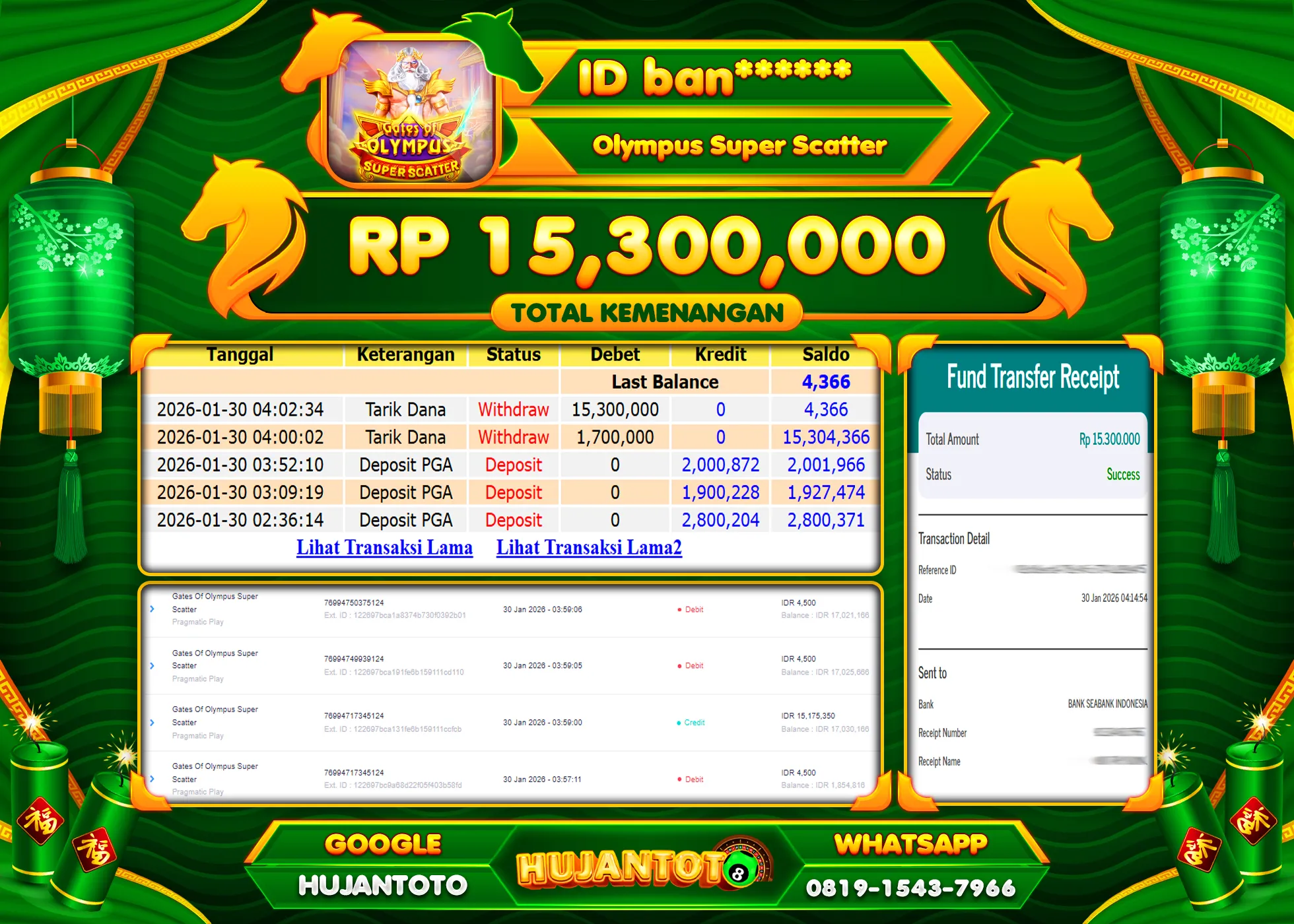 HUJANTOTO - BUKTI JACKPOT MENANG SLOT GATES OF OLYMPUS SUPER SCATTER Rp.15,300,000 - TERBAYAR LUNAS