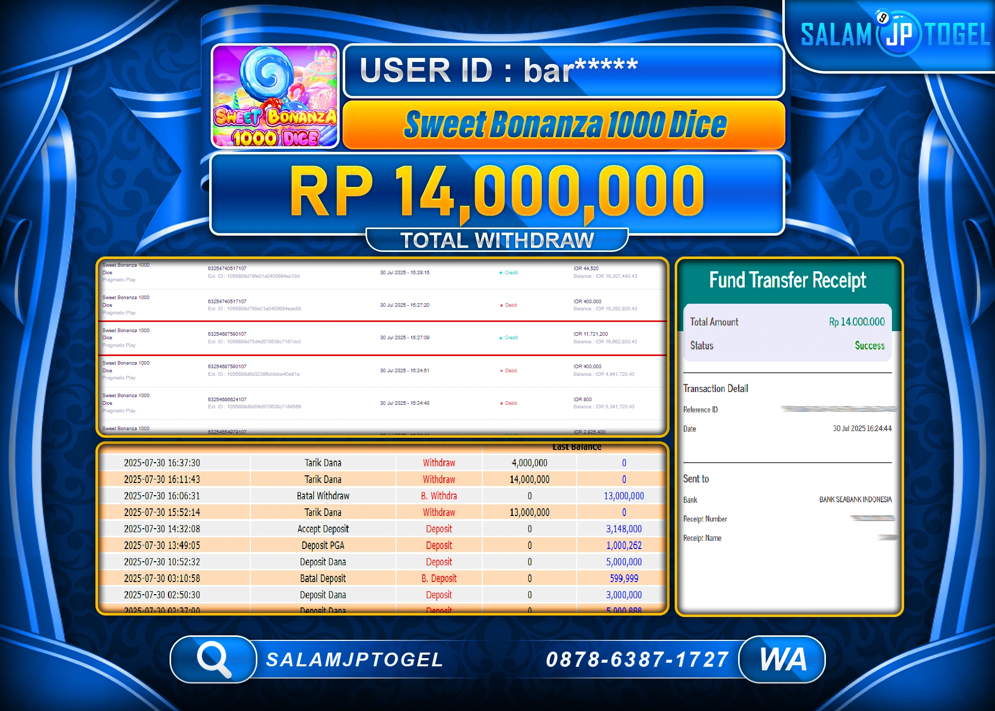 SALAMJPTOGEL MENANG SWEET BONANZA 1000 DICE  Rp.14,000,000