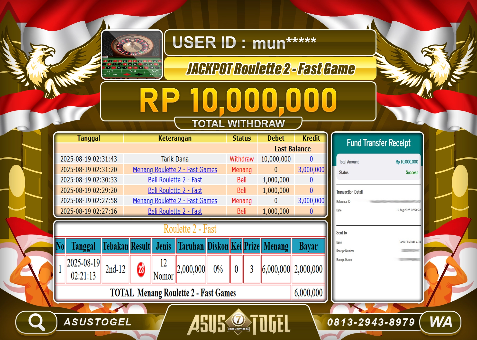 ASUSTOGEL KEMENANGAN DI LIVE ROULETTE 2-FAST GAMES SEBESAR 10,000,000- RUPIAH LUNAS