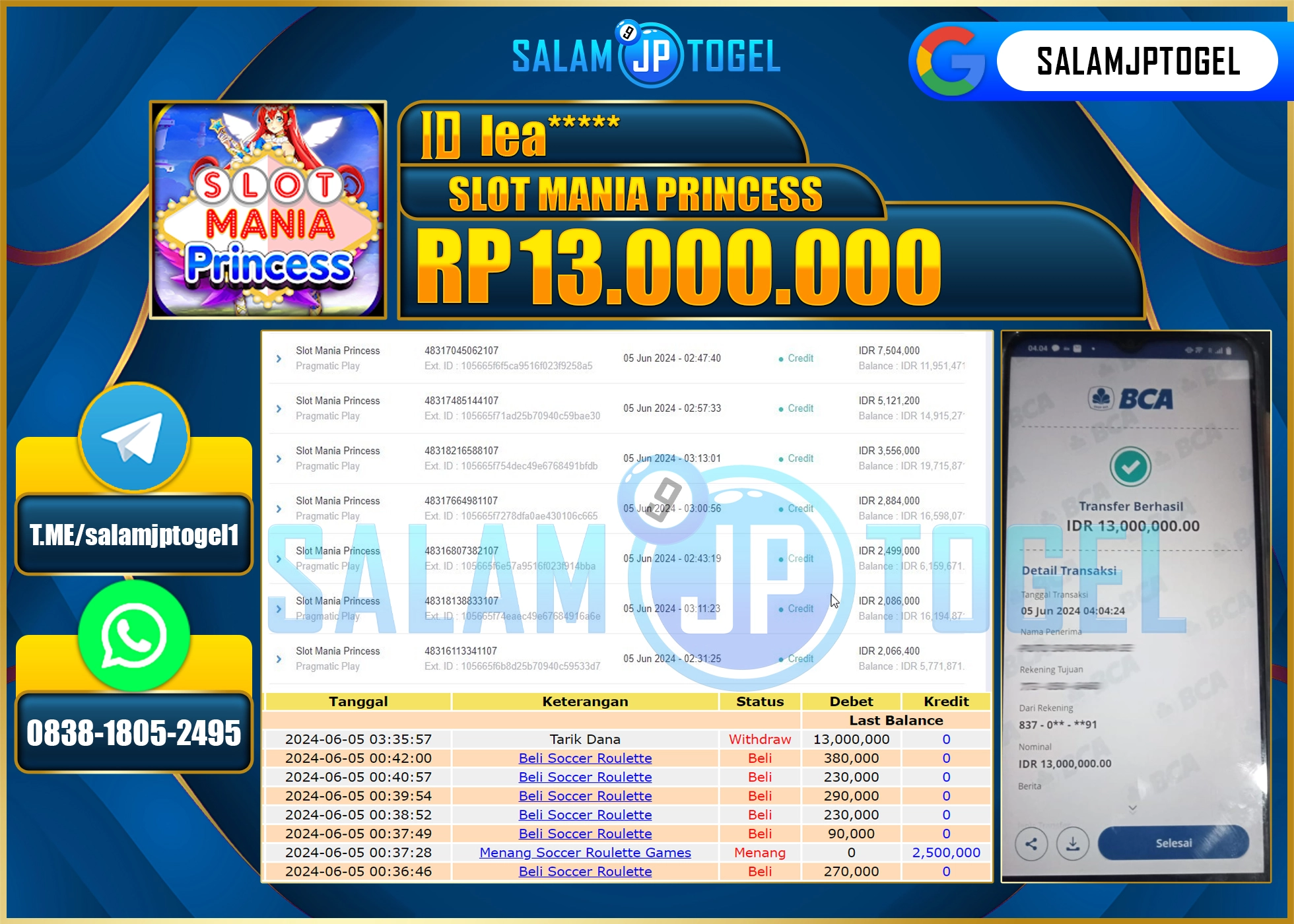 SALAMJPTOGEL MENANG Slot Mania Princess RP. 13,000,000.,LUNAS
