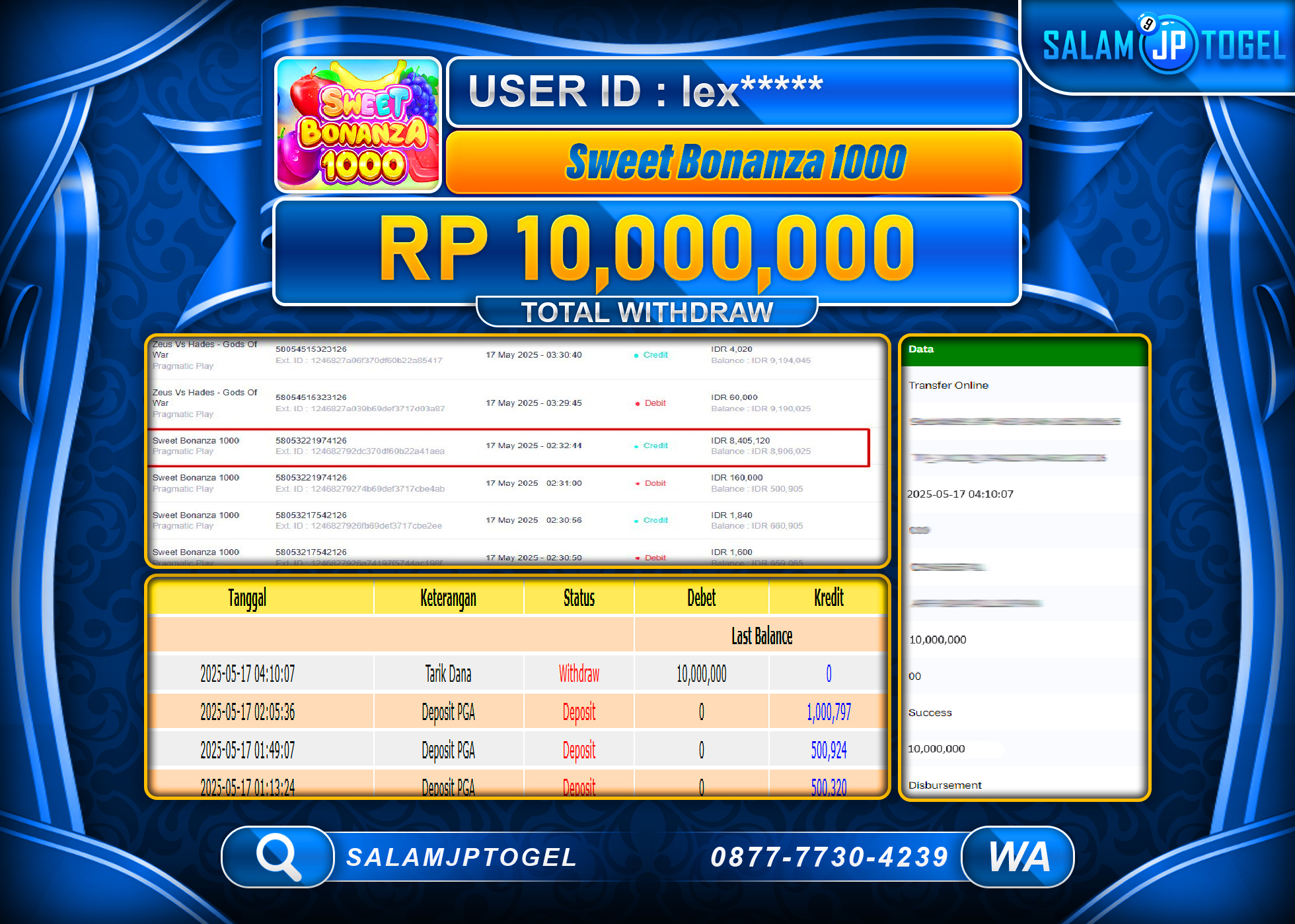 SALAMJPTOGEL MENANG SWEET BONANZA 1000 Rp.10,000,000 LUNAS