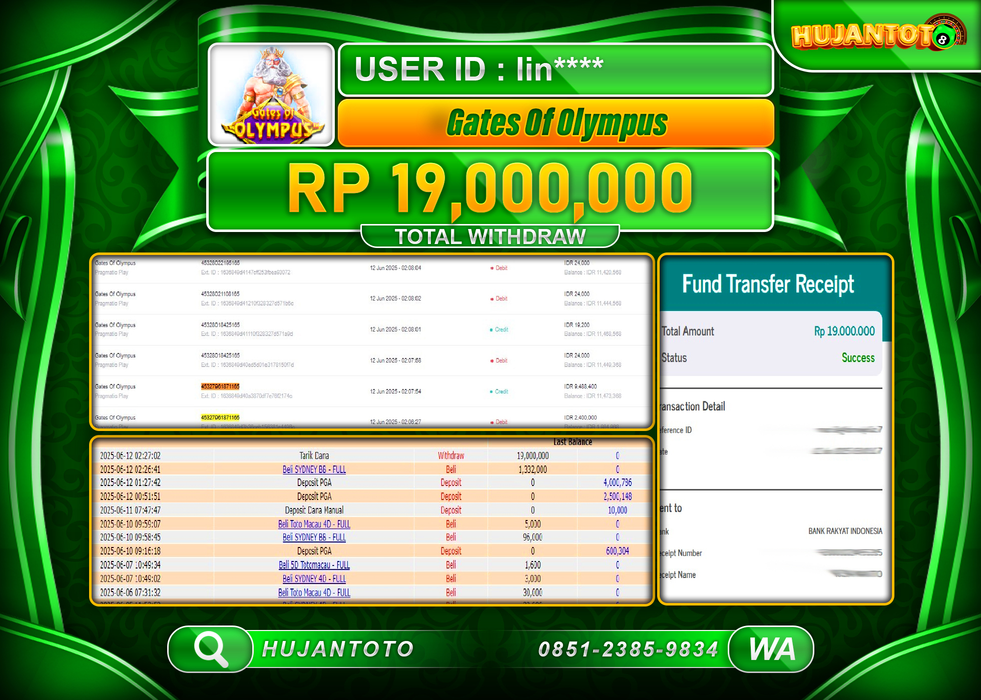 HUJANTOTO - BUKTI JACKPOT MENANG SLOT GATES OF OLYPMPUS  Rp.19,000,000   - TERBAYAR LUNAS
