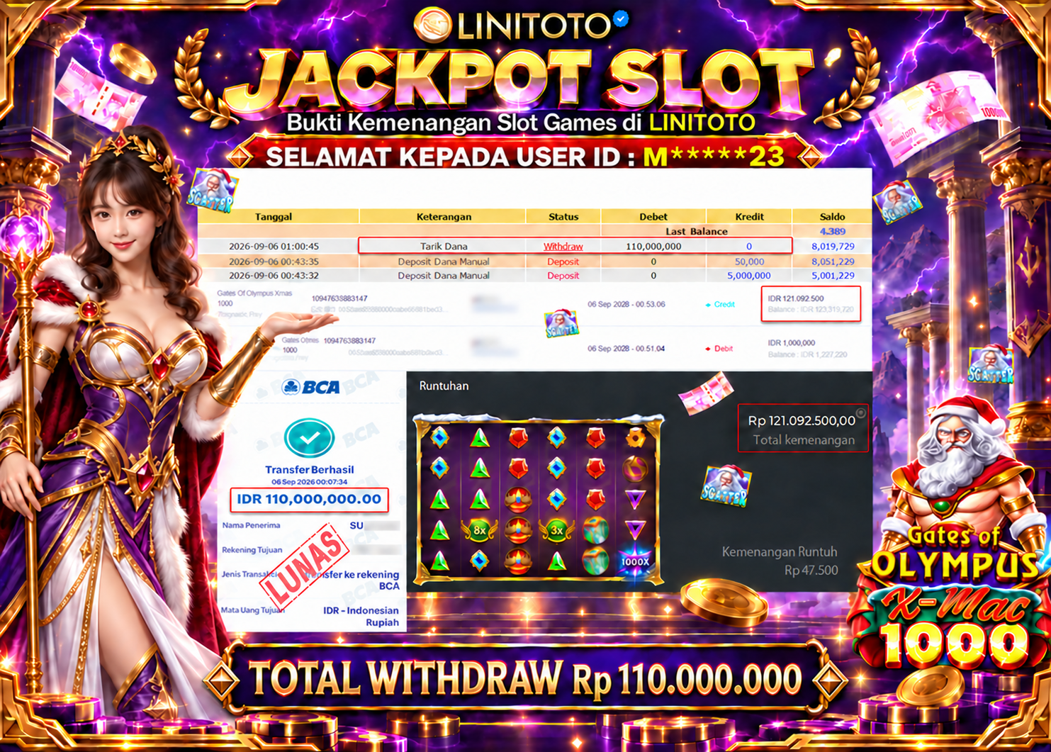 LINITOTO JACKPOT SLOT GATES OF OLYMPUS XMAS 1000 Rp.110,000,000- LUNAS
