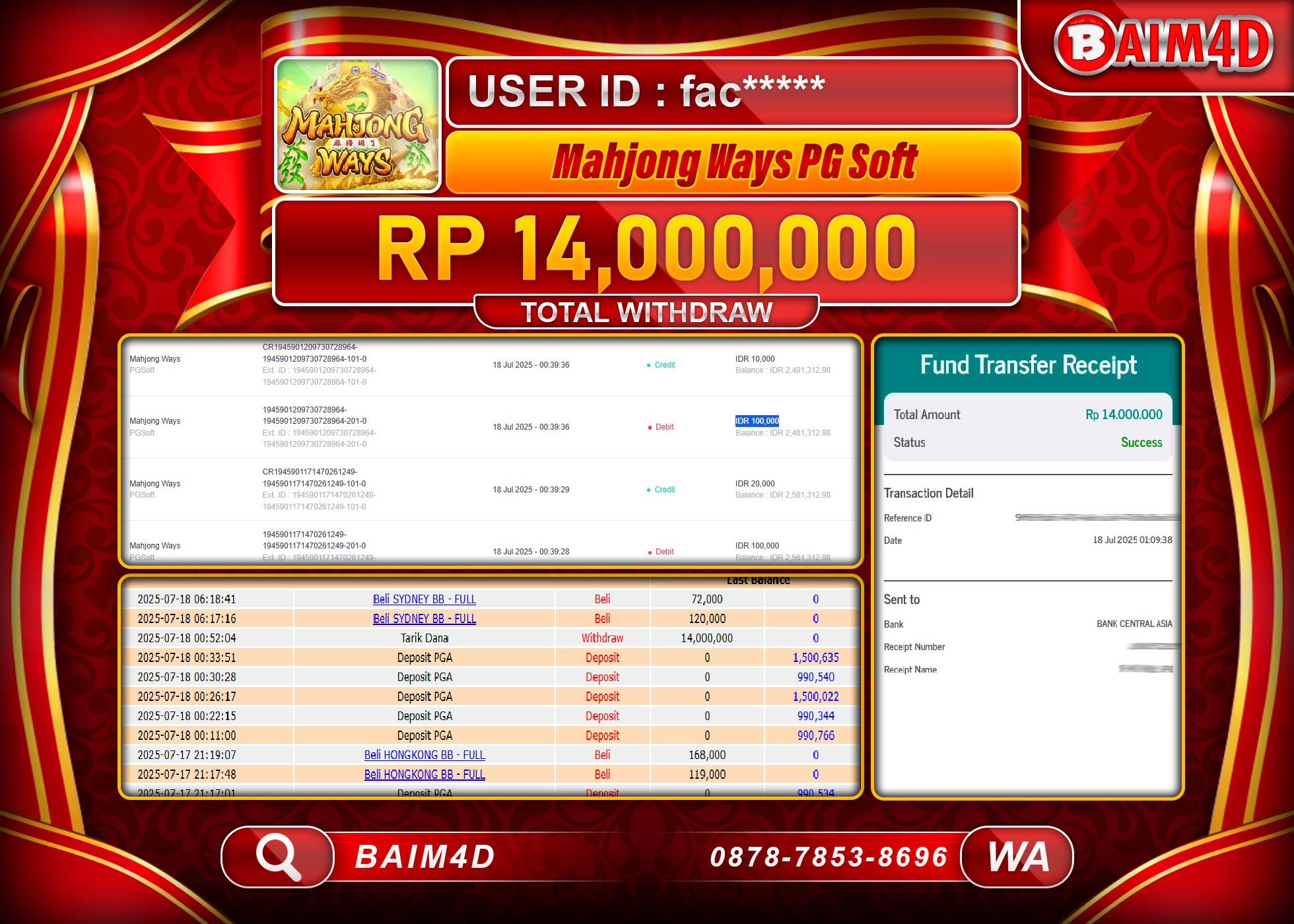 BAIM4D JACKPOT  Mahjong Ways PG SOFT  Rp. 14,000,000.- LUNAS